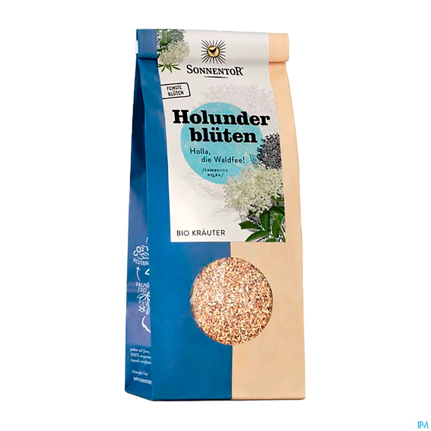 Verpackung mit Holunderblüten von Sonnentor, beschriftet mit „Holunderblüten“ und „BIO KRÄUTER“, mit einem transparenten Fenster, das den Inhalt zeigt.