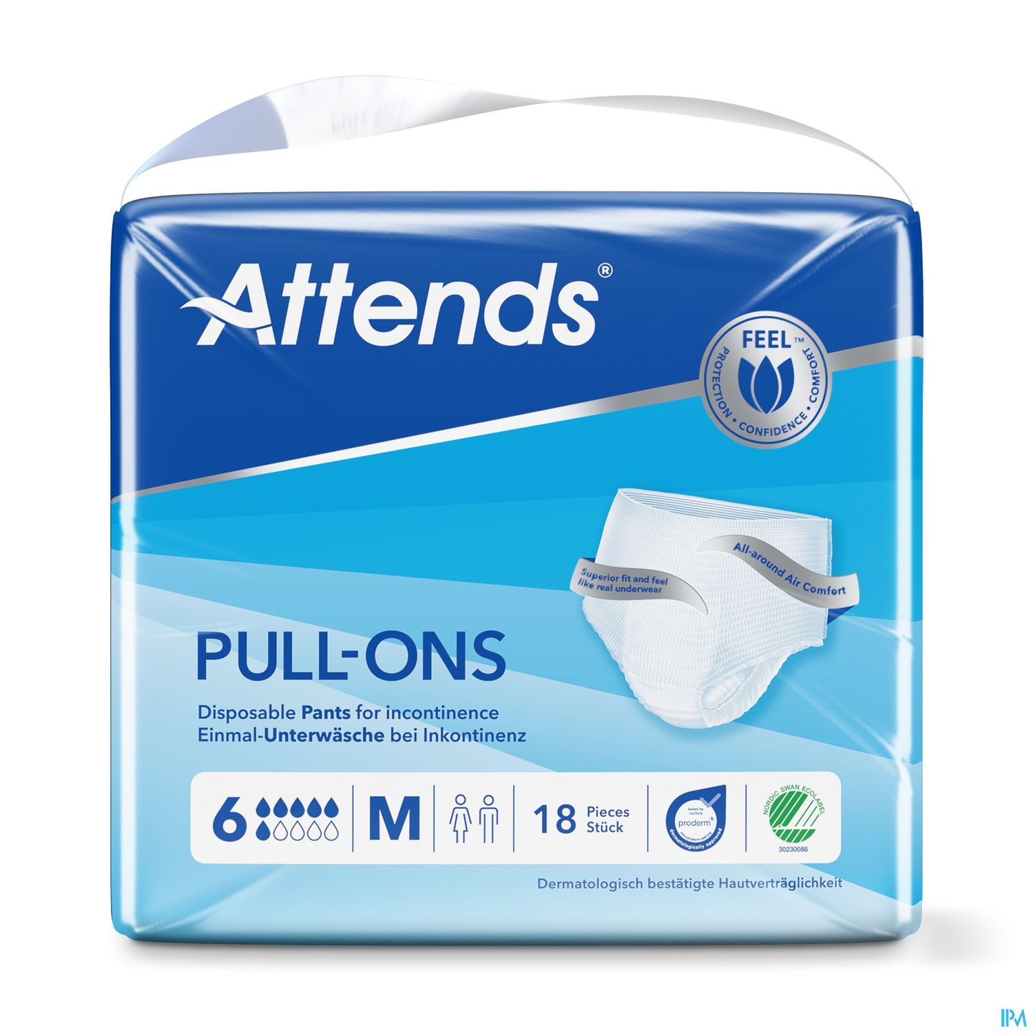 Packung mit Einmalunterwäsche für Inkontinenz, Marke Attends, Größe M, 18 Stück.