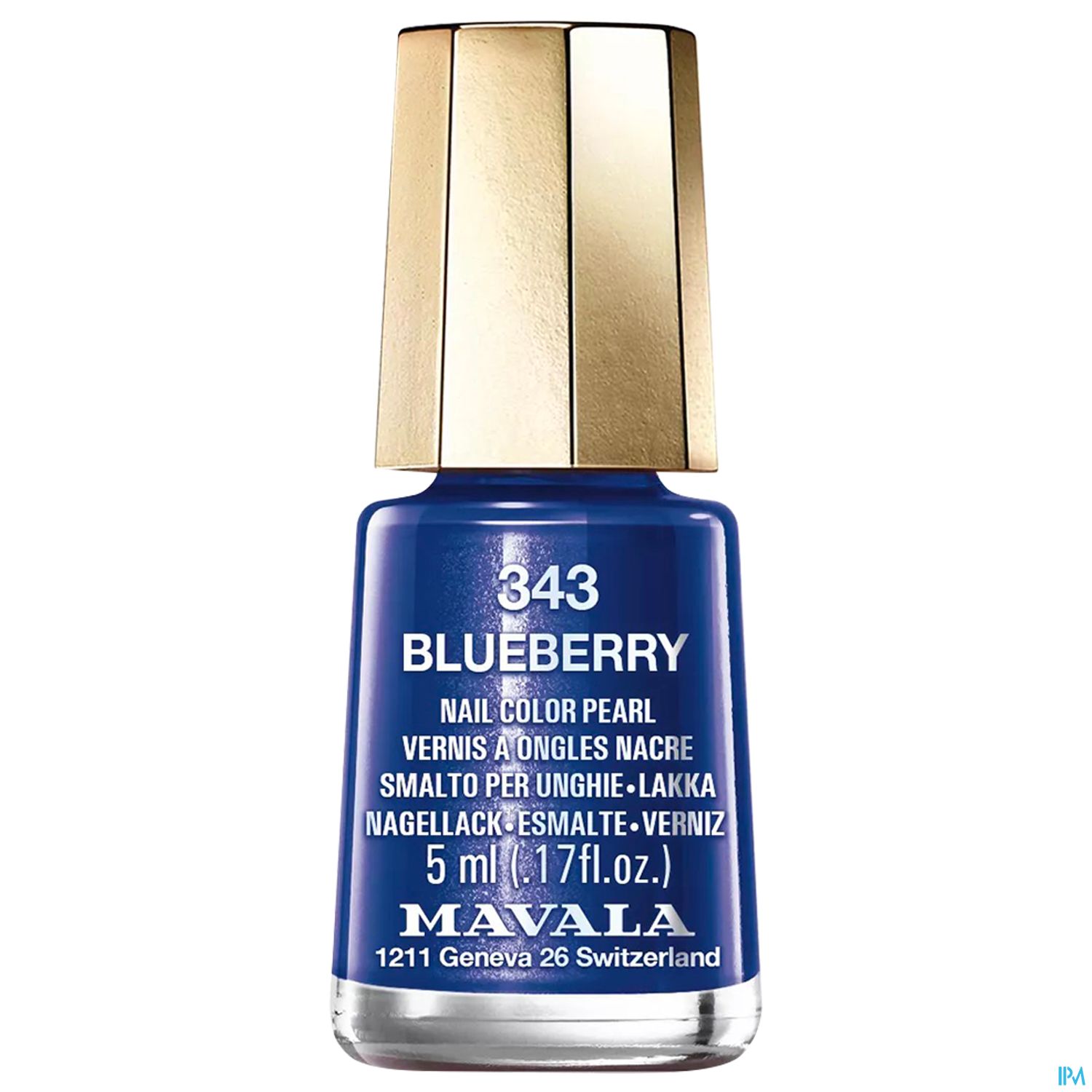 Blaue Nagellackflasche mit goldenem Deckel, Beschriftung "343 BLUEBERRY" und Angaben zu Inhalt und Marke.