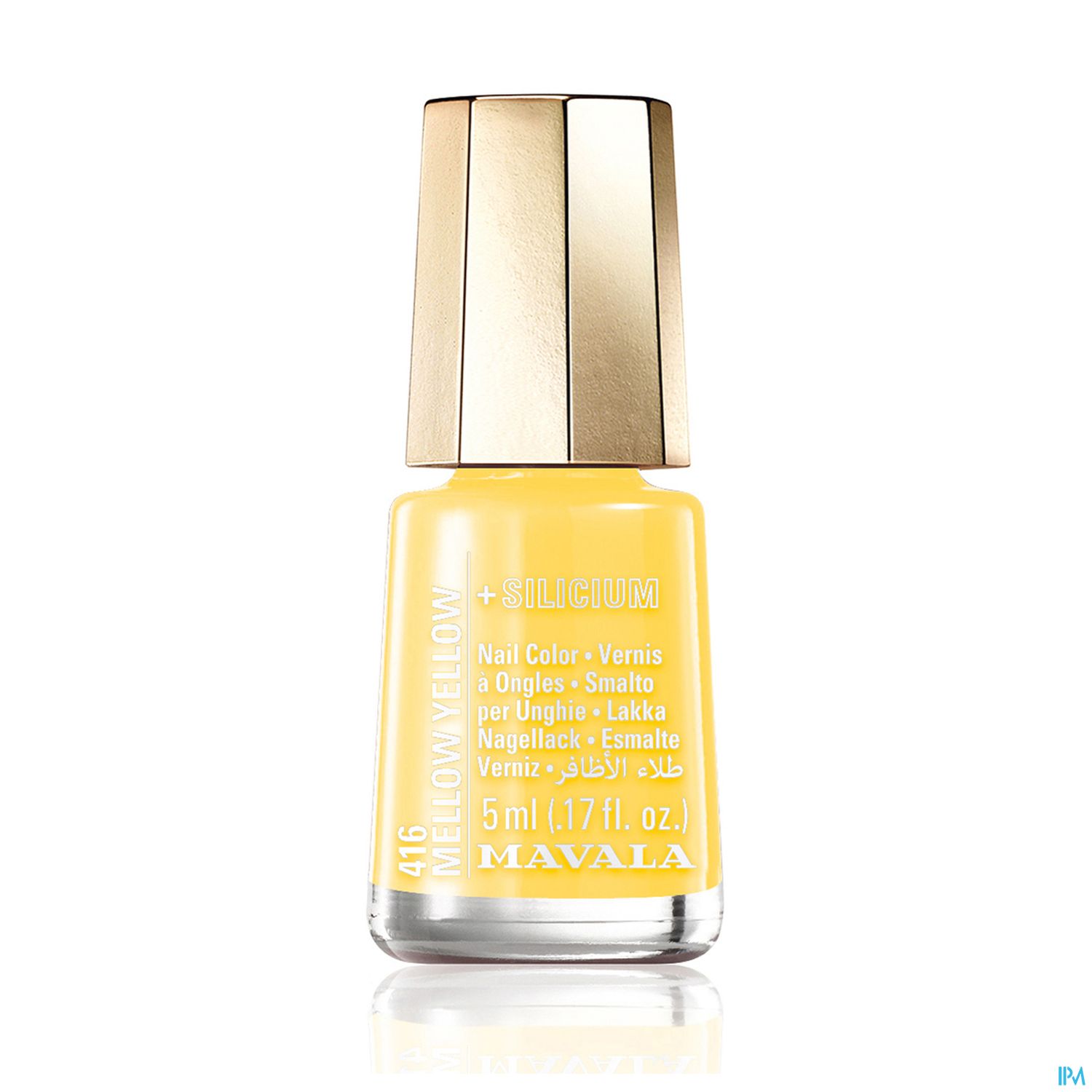 Flasche mit gelbem Nagellack von Mavala, 5 ml, mit goldenem Deckel.