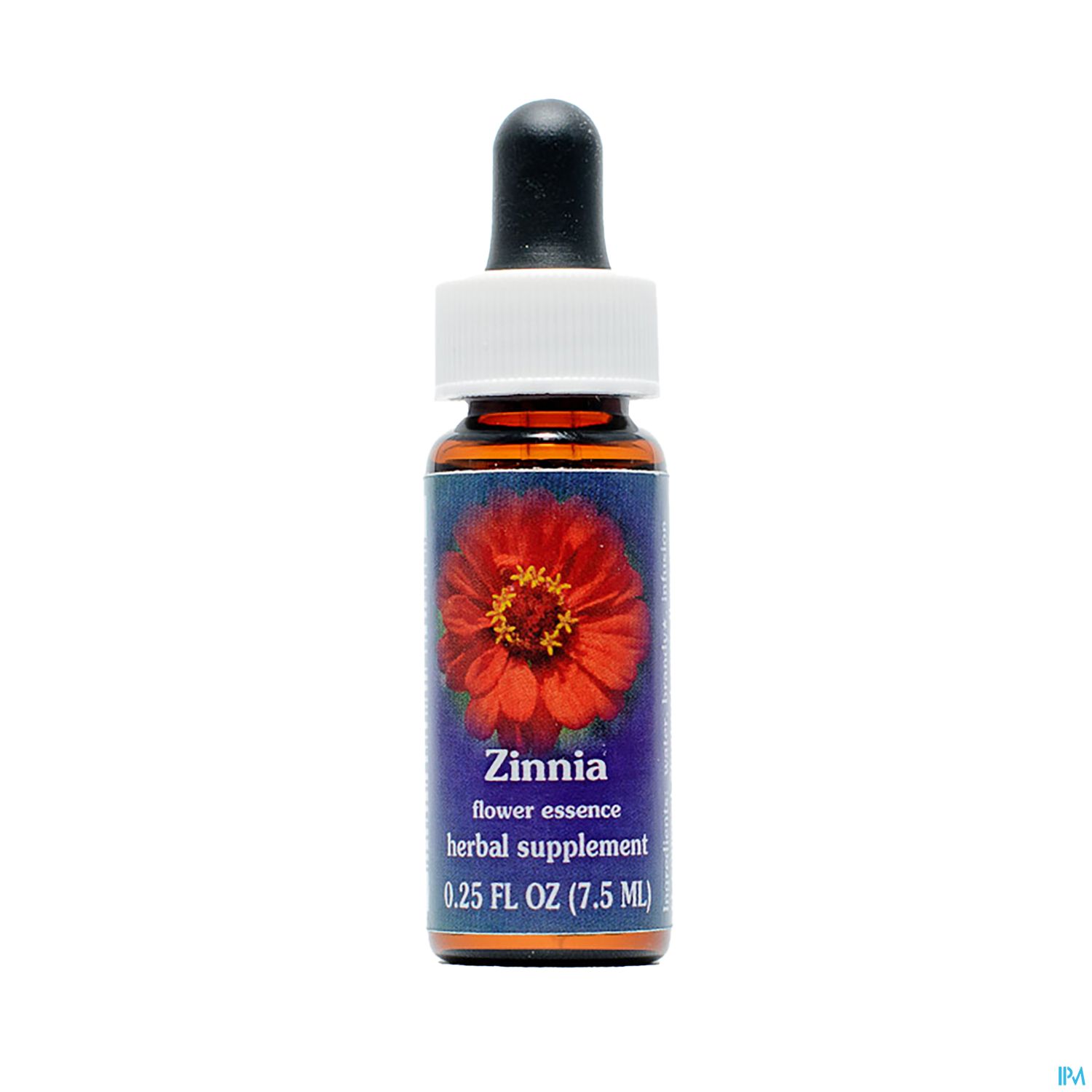 Braunglasflasche mit Pipette und Etikett, auf dem "Zinnia, flower essence, herbal supplement" steht.