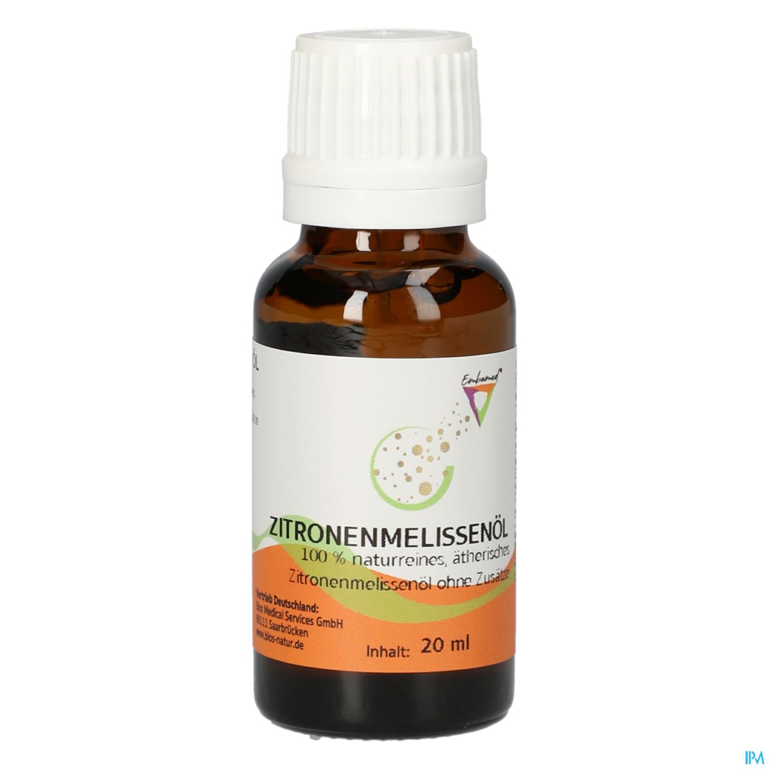 Braune Glasflasche mit Zitronenmelissenöl, 20 ml, etikettiert mit "100 % naturreines, ätherisches Zitronenmelissenöl ohne Zusatz".