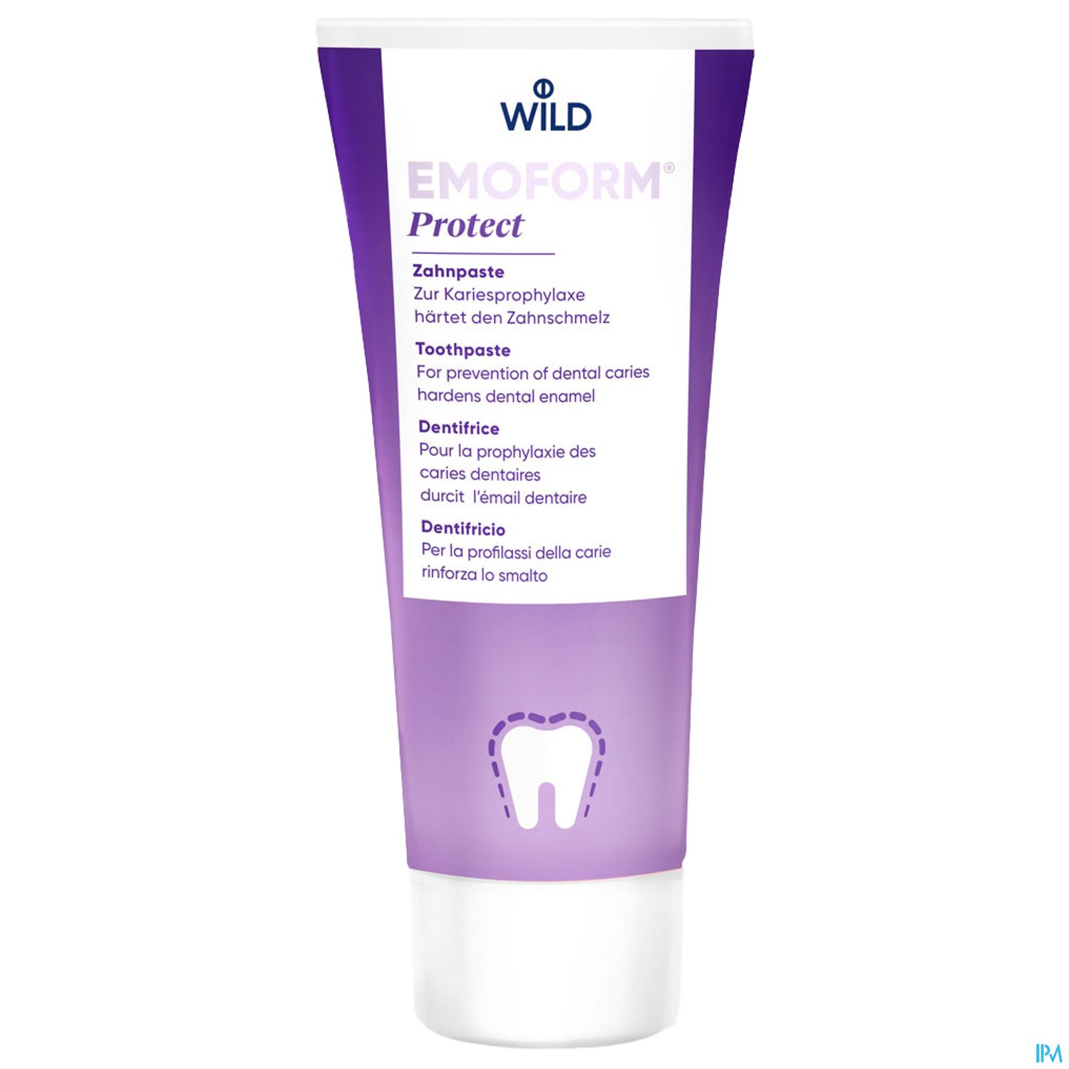 Zahncreme Emofrom Protect in einer Tube mit einer Abbildung eines Zahn-Symbols, die zur Kariesprophylaxe dient und den Zahnschmelz härtet.