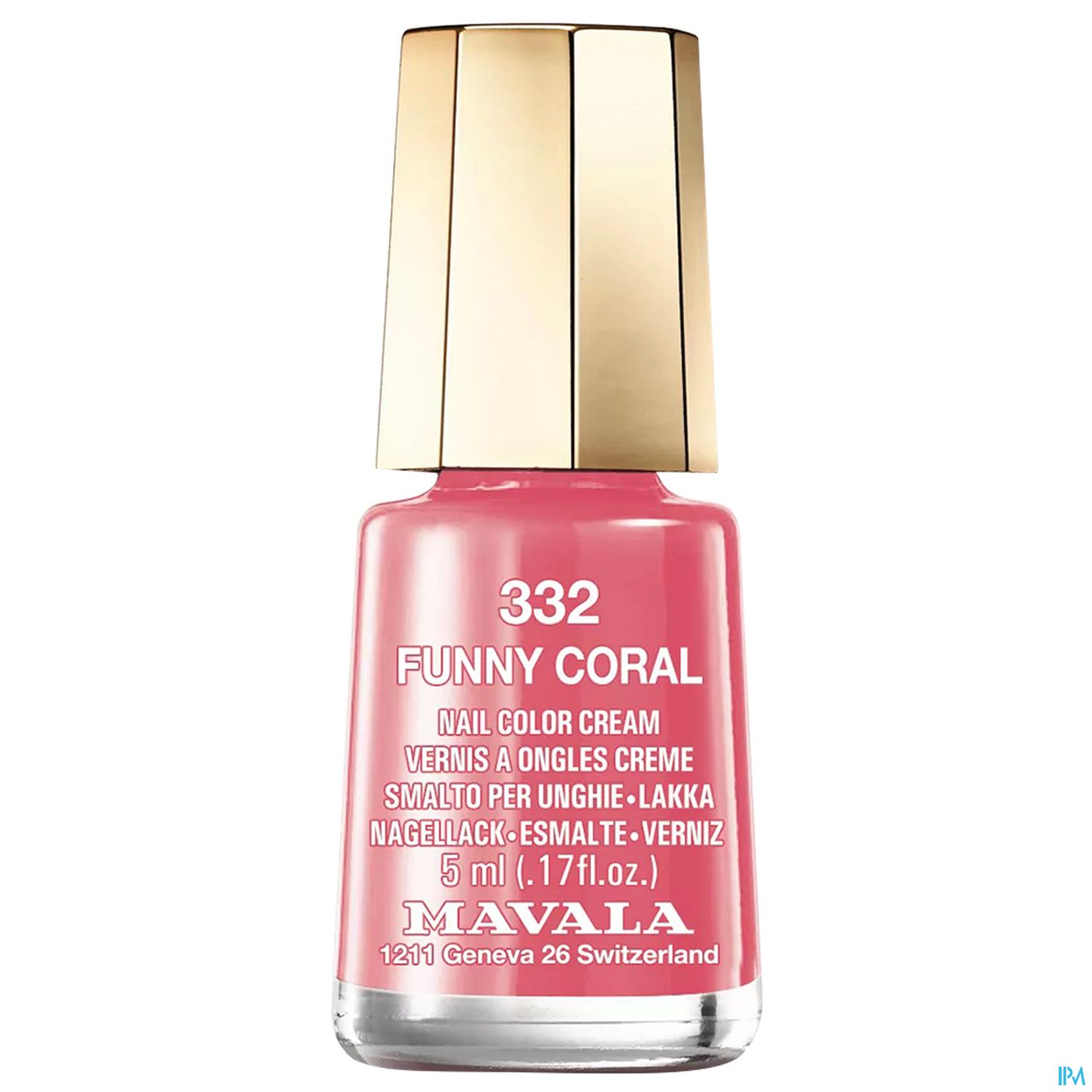 Nagellackflasche in kräftigem Korallpink mit goldenem Deckel, beschriftet mit "Funny Coral 332" und "Mavala".
