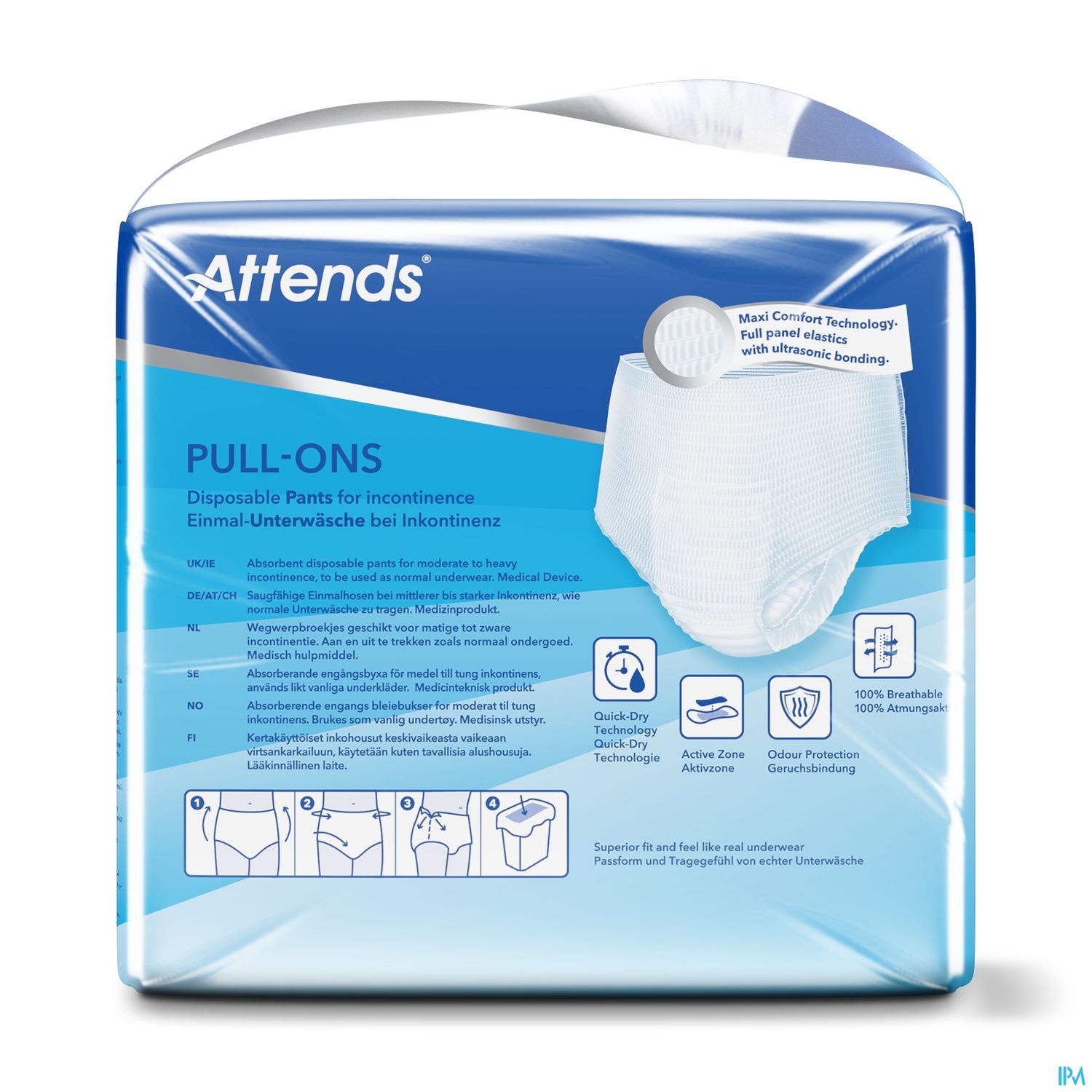 Verpackung von Attends Pull-Ons Einmalunterwäsche für Inkontinenz.