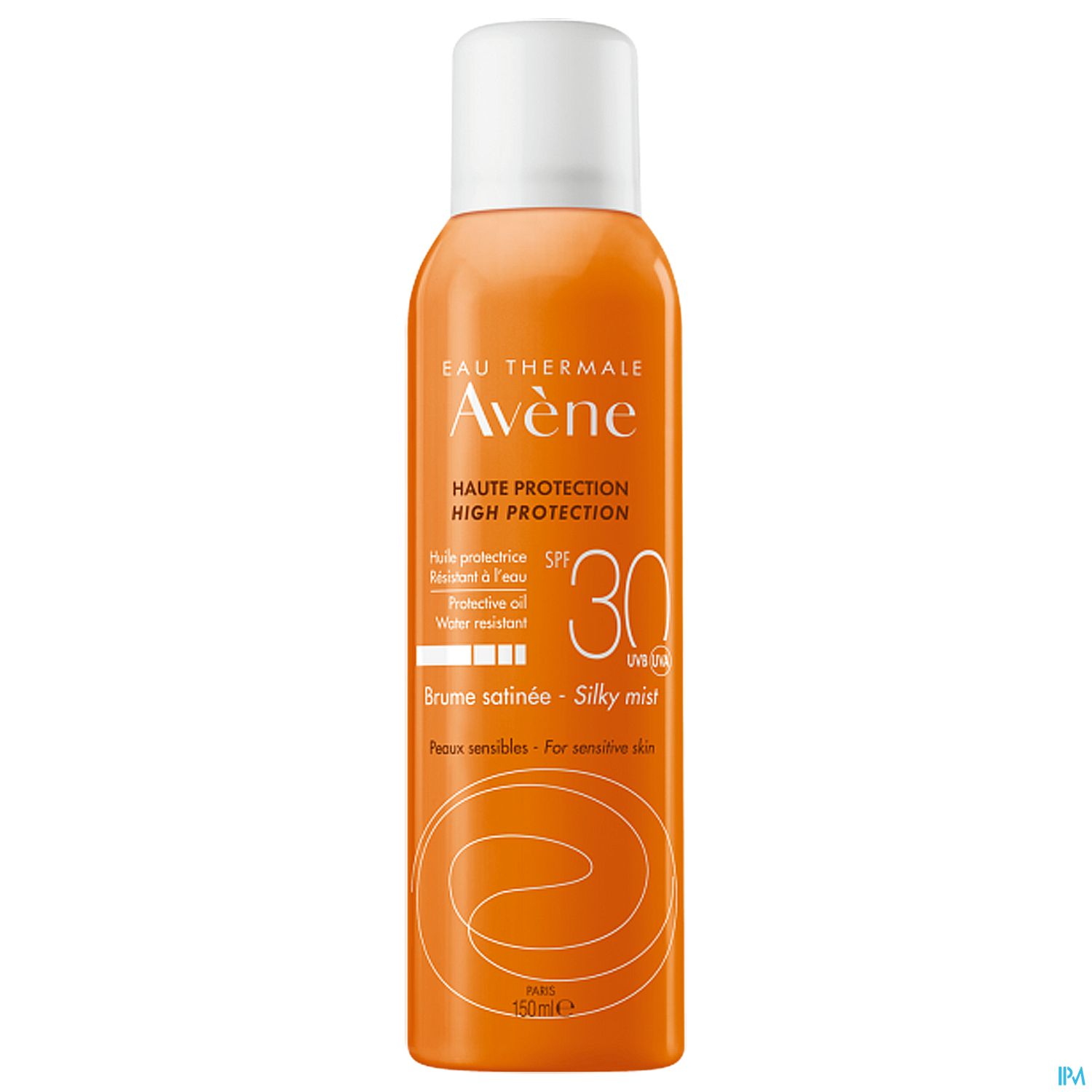 Orangene Sprayflasche mit dem Etikett "Avène Hautschutz SPF 30" und der Beschreibung "Brume satinée - Silky mist".