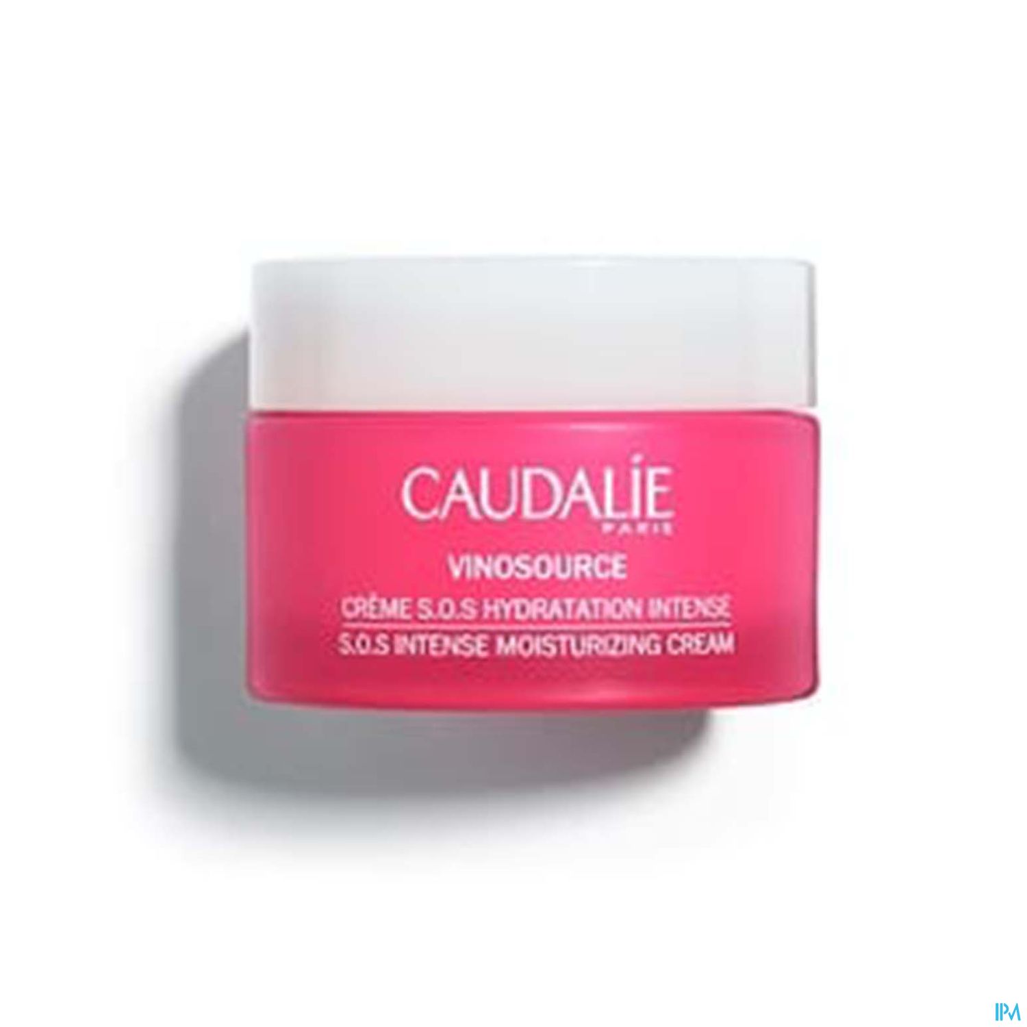 Rosa Creme-Behälter von Caudalie mit der Aufschrift "VINOSOURCE Crème S.O.S Hydratation Intense".