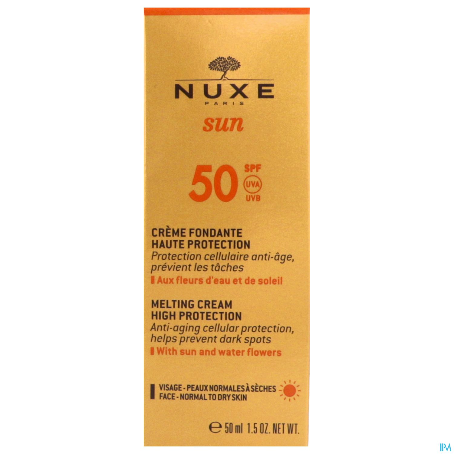 Verpackung einer Sonnencreme von NUXE mit Lichtschutzfaktor 50, beschriftet mit "Crème Fondante Haute Protection" und Informationen zur Anwendung für normale bis trockene Haut.