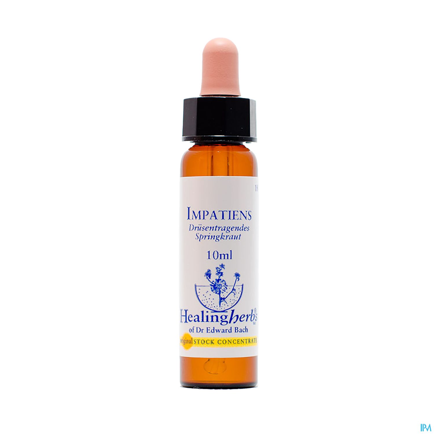 Flasche mit Heilkräuter-Tropfen "Impatienz" von Dr. Edward Bach, 10 ml, mit Tropfer und braunem Glas.