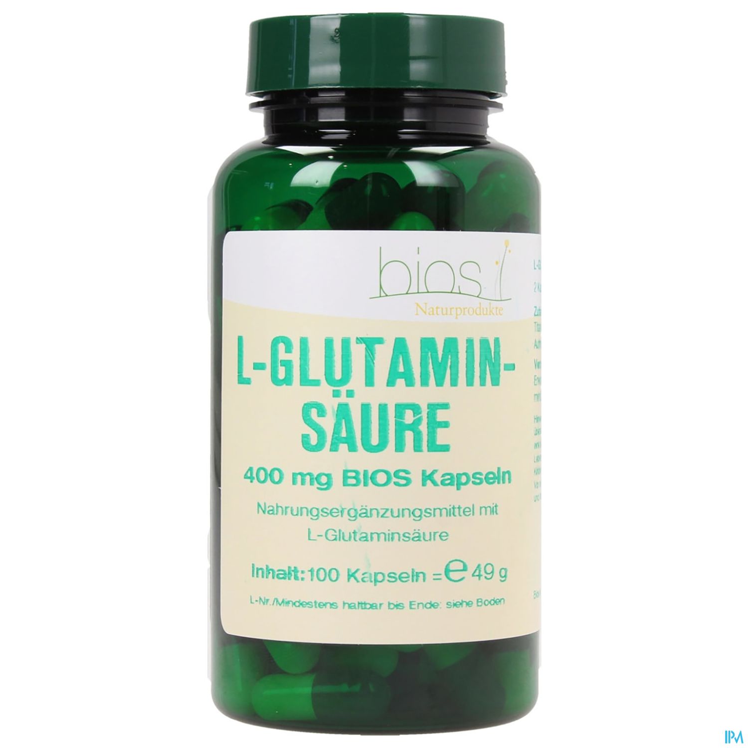 Grüne Flasche mit Kapseln, beschriftet mit "L-Glutaminsäure 400 mg BIOS Kapseln" und "Nahrungsergänzungsmittel".