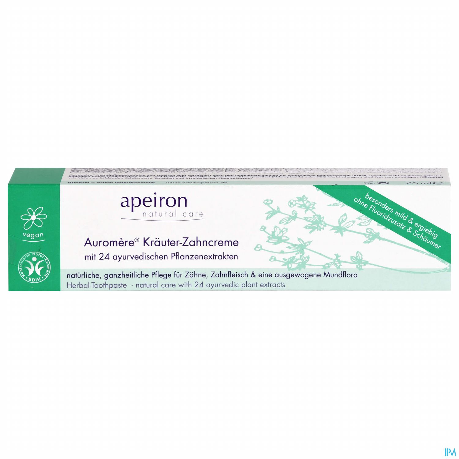 Packung der Auromère Kräuter-Zahncreme mit 24 ayurvedischen Pflanzenextrakten.