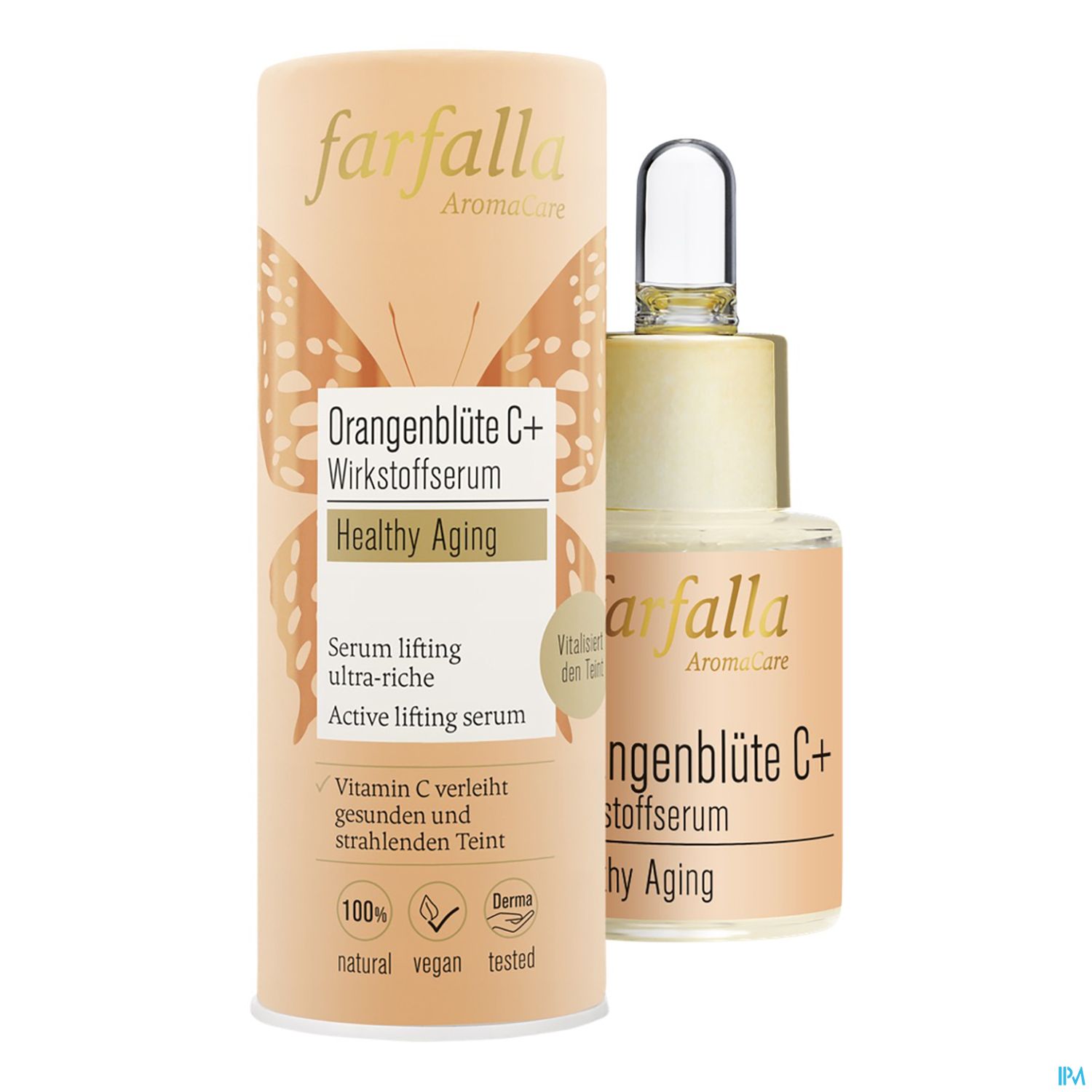 Flasche mit Orangeblüten-Wirkstoffserum in Verpackung, beschriftet mit "Healthy Aging".
