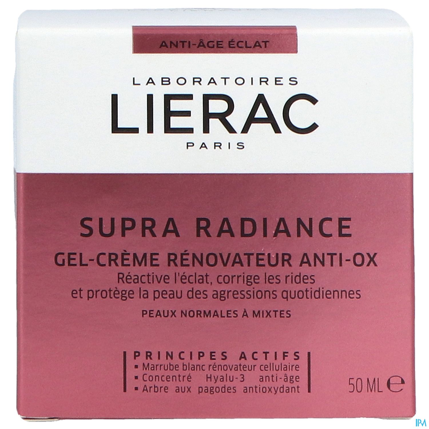 Produktverpackung von Lierac, Supra Radiance Gel-Crème Rénovateur Anti-Ox, 50 ml, mit Text über Anti-Aging-Eigenschaften.