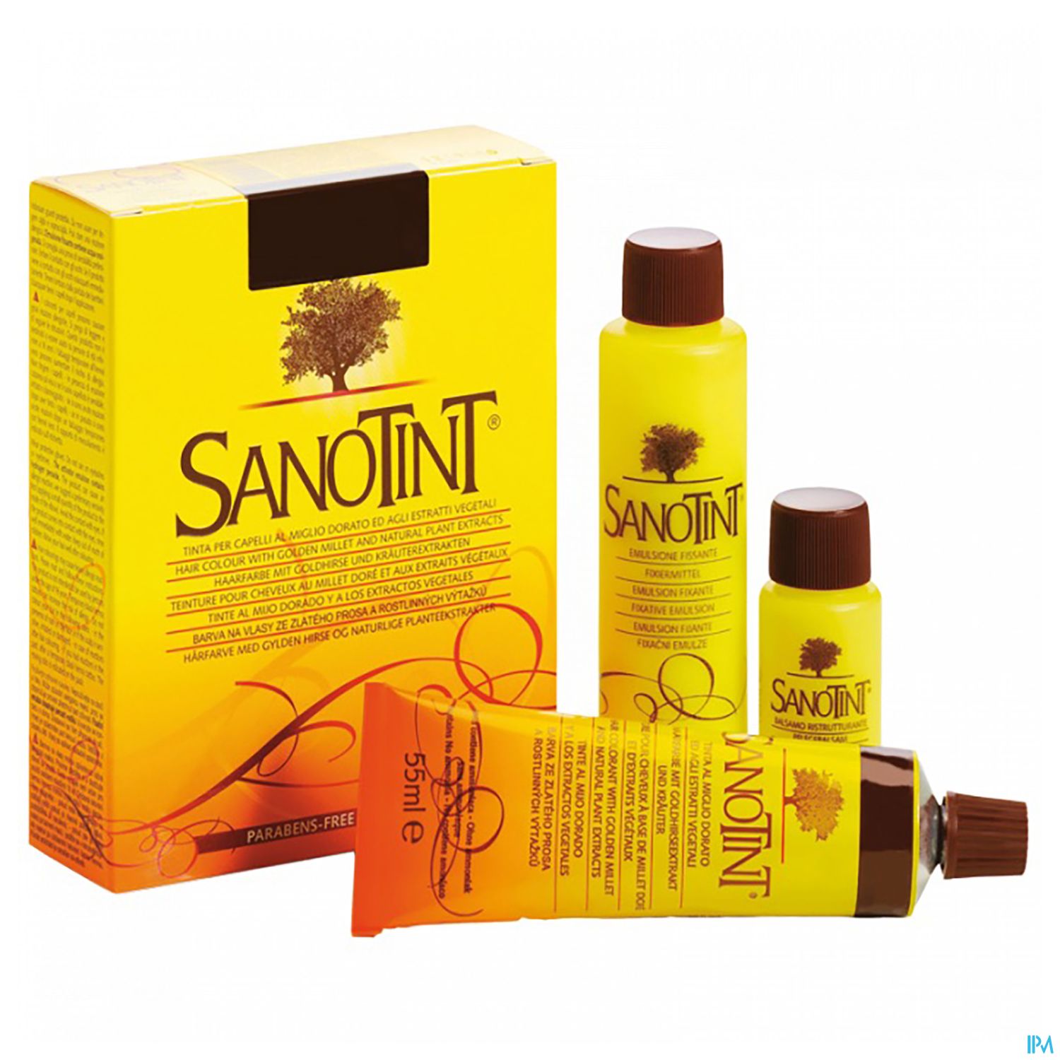 Produktverpackung von Sanotint, bestehend aus einer Schachtel und drei Fläschchen mit gelber Etikettierung.