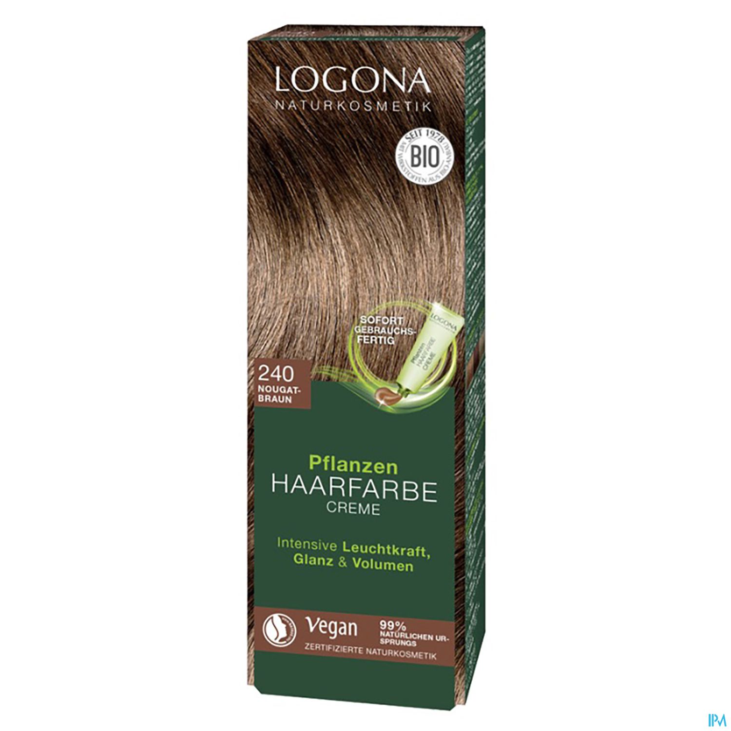 Verpackung einer pflanzlichen Haarfarbe in der Farbe Nougatbraun von Logona, vegan und mit Bio-Zertifikat.