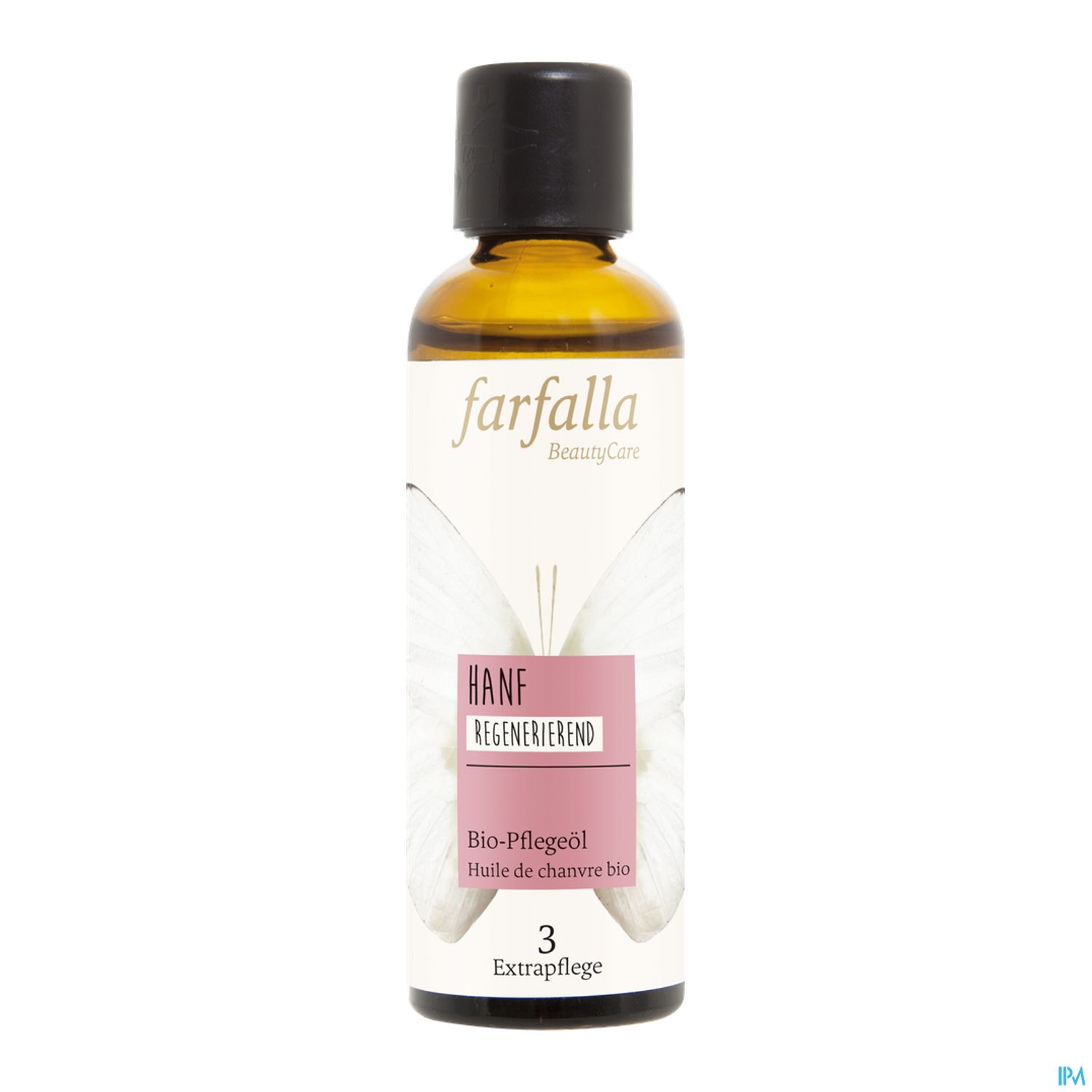 Flasche mit hanfhaltigem Bio-Pflegeöl von farfalla, etikettiert mit "Hanregenerierend".