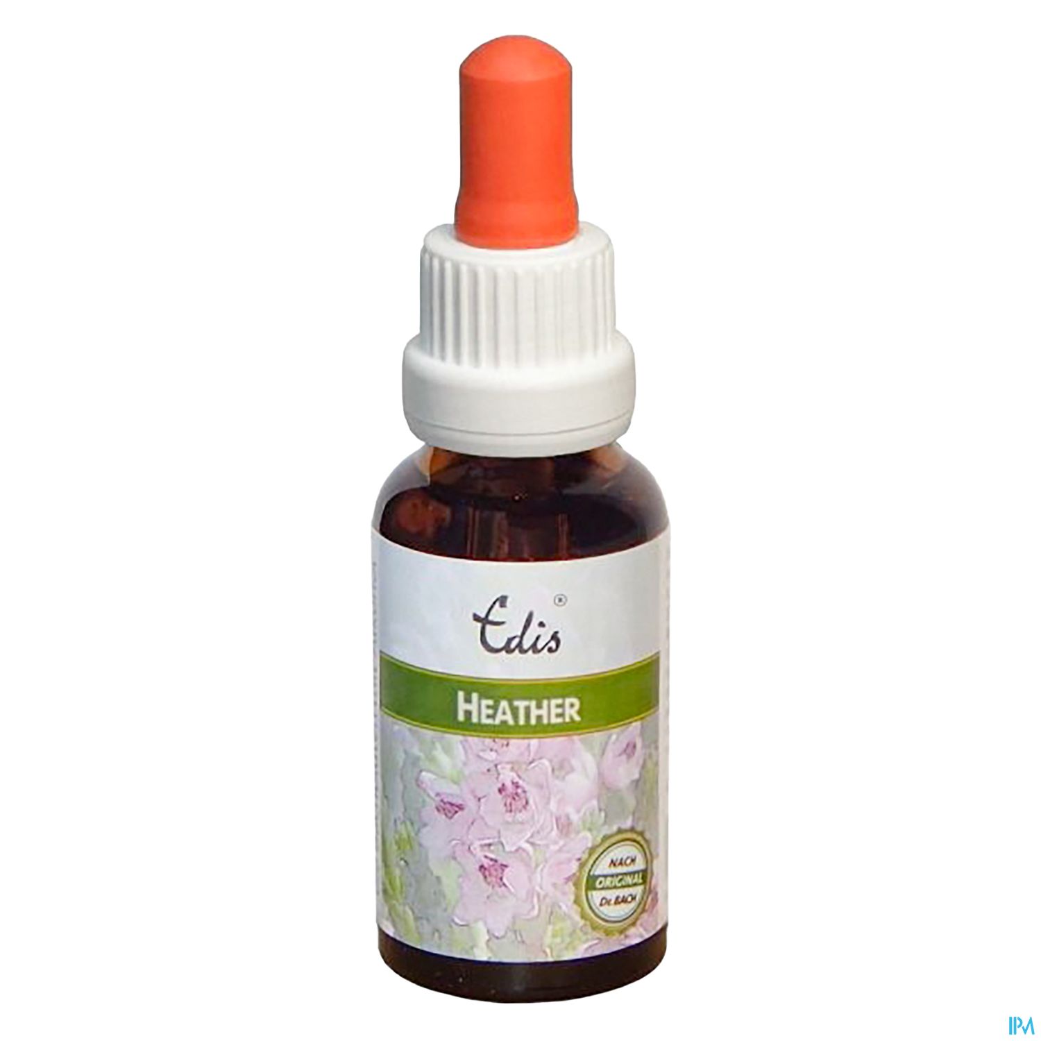 Braunglasflasche mit weißem Schraubverschluss und orangefarbenem Pipettenaufsatz, beschriftet mit "Edis Heather" und floralem Muster im Hintergrund.