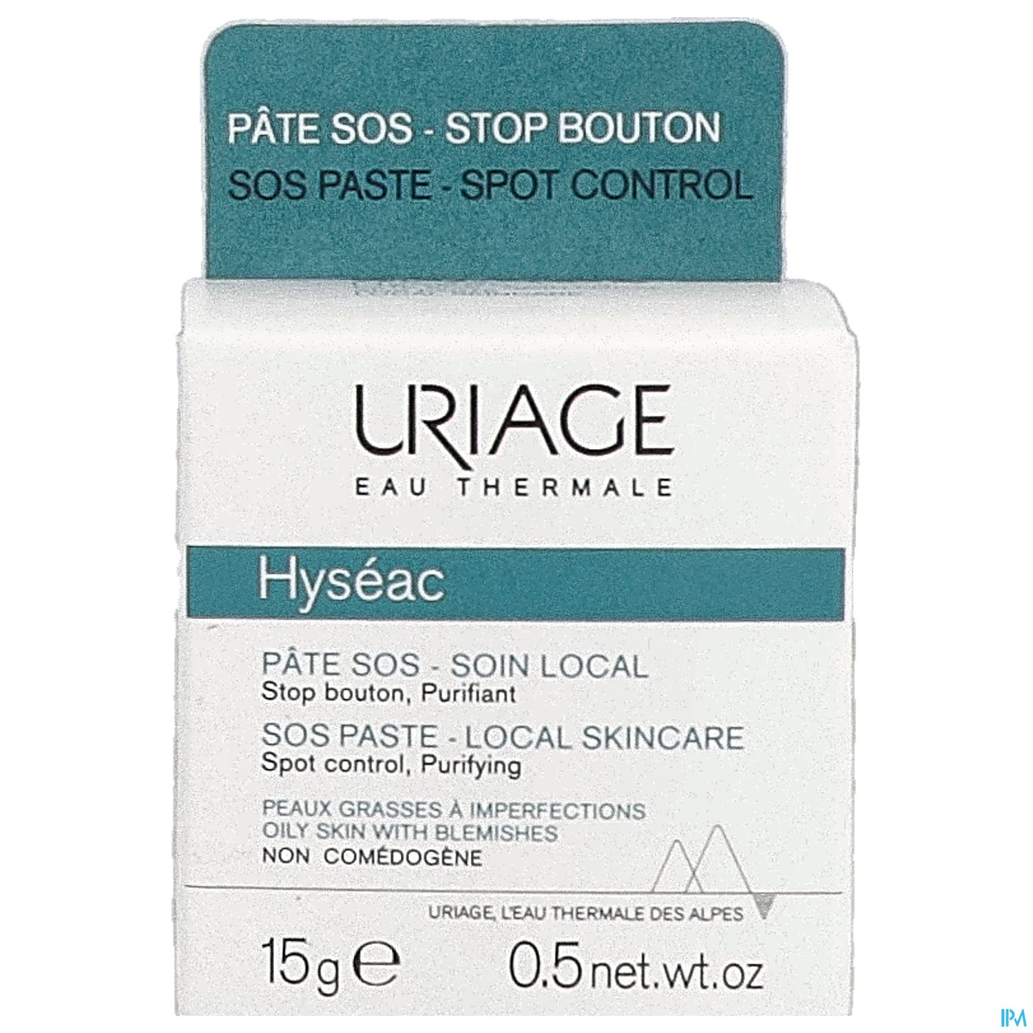 Packung mit SOS-Paste von Uriage für punktuelle Hautbehandlung, 15 g.