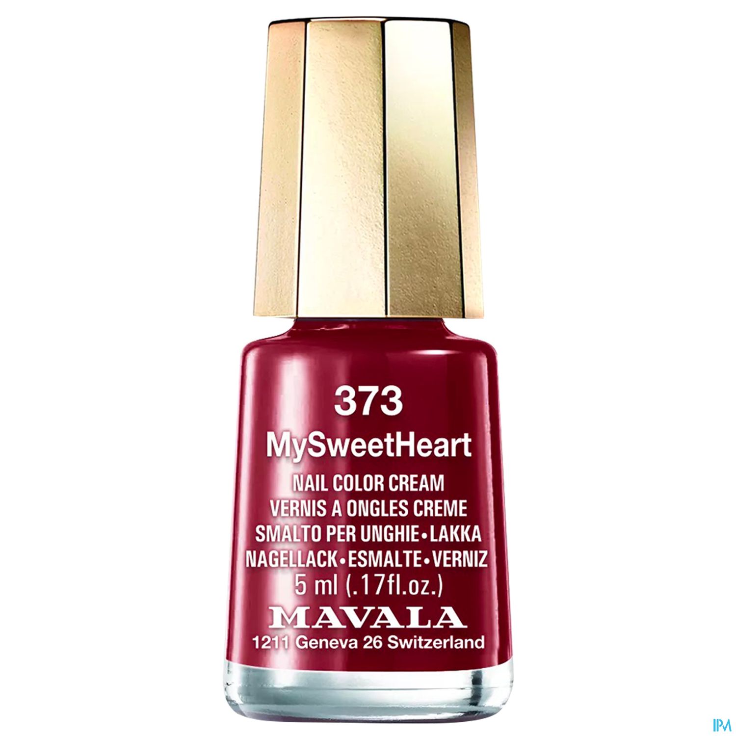 Nagellackflasche der Marke Mavala in der Farbe MySweetHeart (373) mit goldenem Deckel und rotem Inhalt.