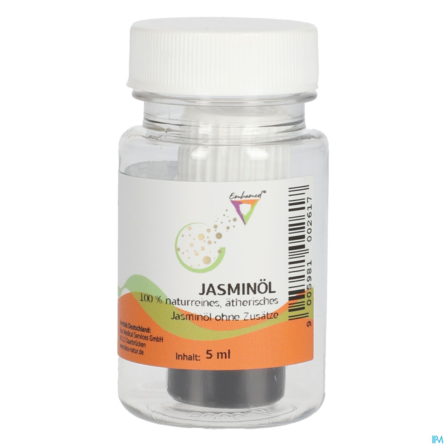 Glasflasche mit Jasminöl, 100 % naturreines ätherisches Öl, Inhalt 5 ml.