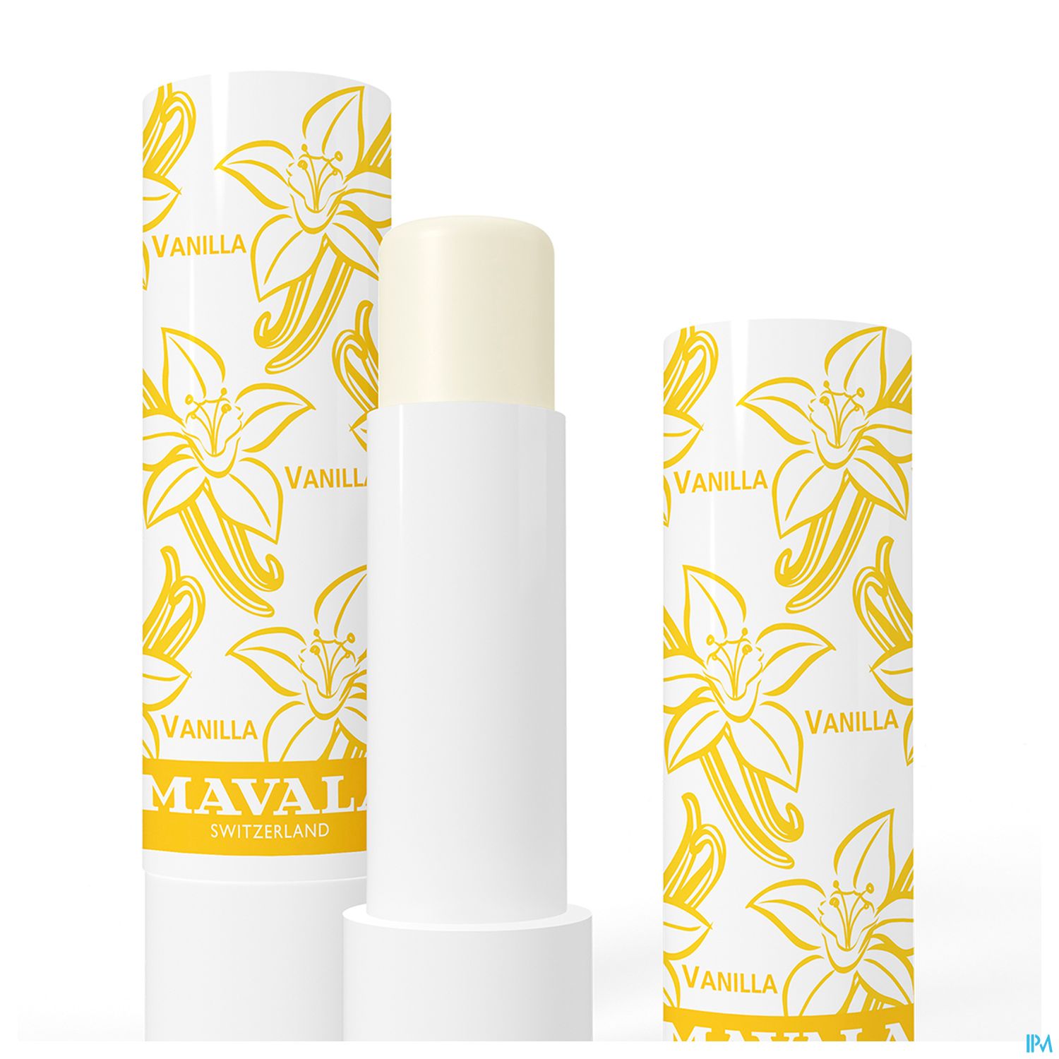 Röhrchen mit Lippenbalsam von Mavala mit Vanilleduft, eine Verpackung im Hintergrund.