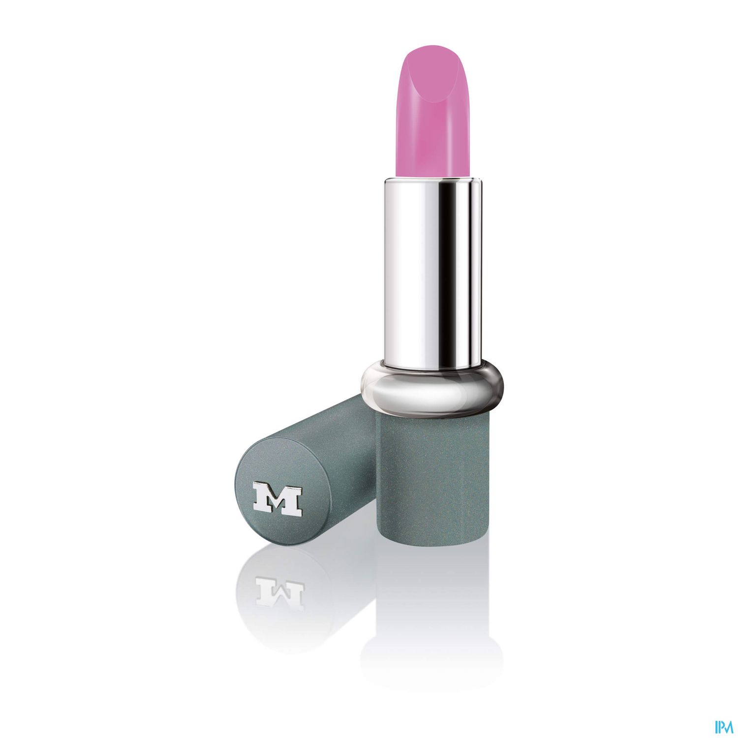 Rosa Lippenstift in silberner Verpackung mit grauem Deckel.