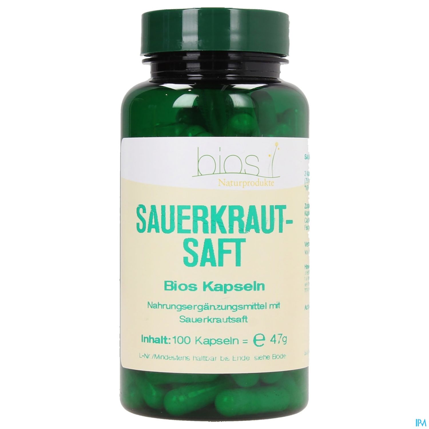 Grüne Flasche mit Kapseln, beschriftet mit "Sauerkraut-Saft Bios Kapseln" und den Angaben zu Inhalt und Preis.