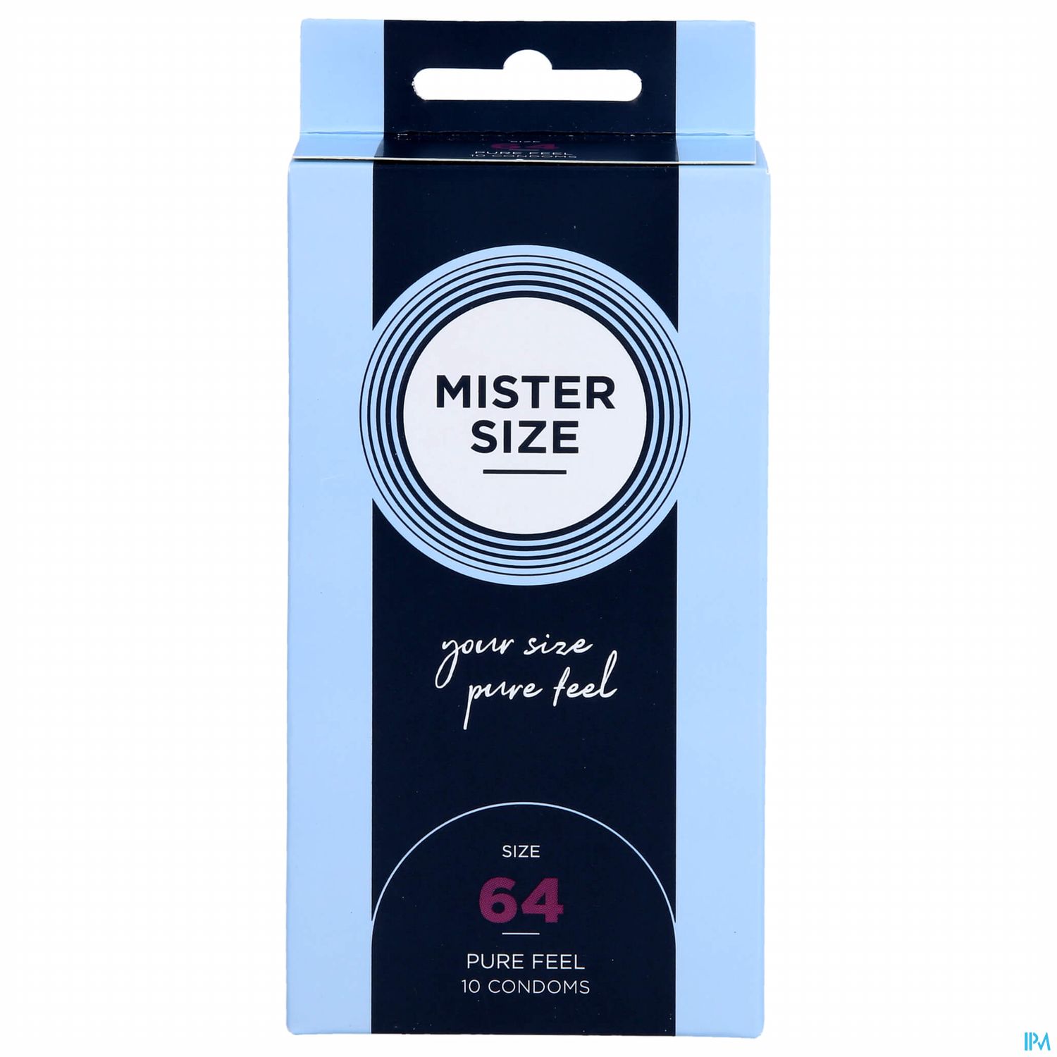 Verpackung von Mister Size Kondomen, Größe 64, mit der Aufschrift „your size pure feel“ und dem Hinweis über 10 Stück im Karton.