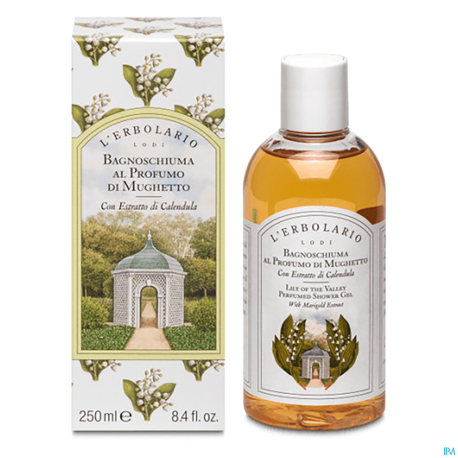 Flasche mit Duschgel "Bagnoschiuma al Profumo di Mughetto" von L'Erbolario, umgeben von einer dekorativen Verpackung mit einem Häuschen und Pflanzenmotiven.