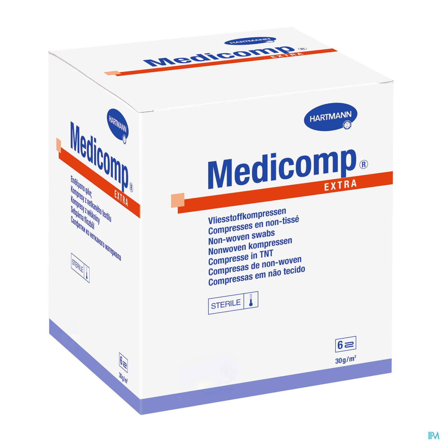 Verpackung von Medicomp Extra Vliesstoffkompressen mit verschiedenen Sprachen und Sterilitätskennzeichnung.