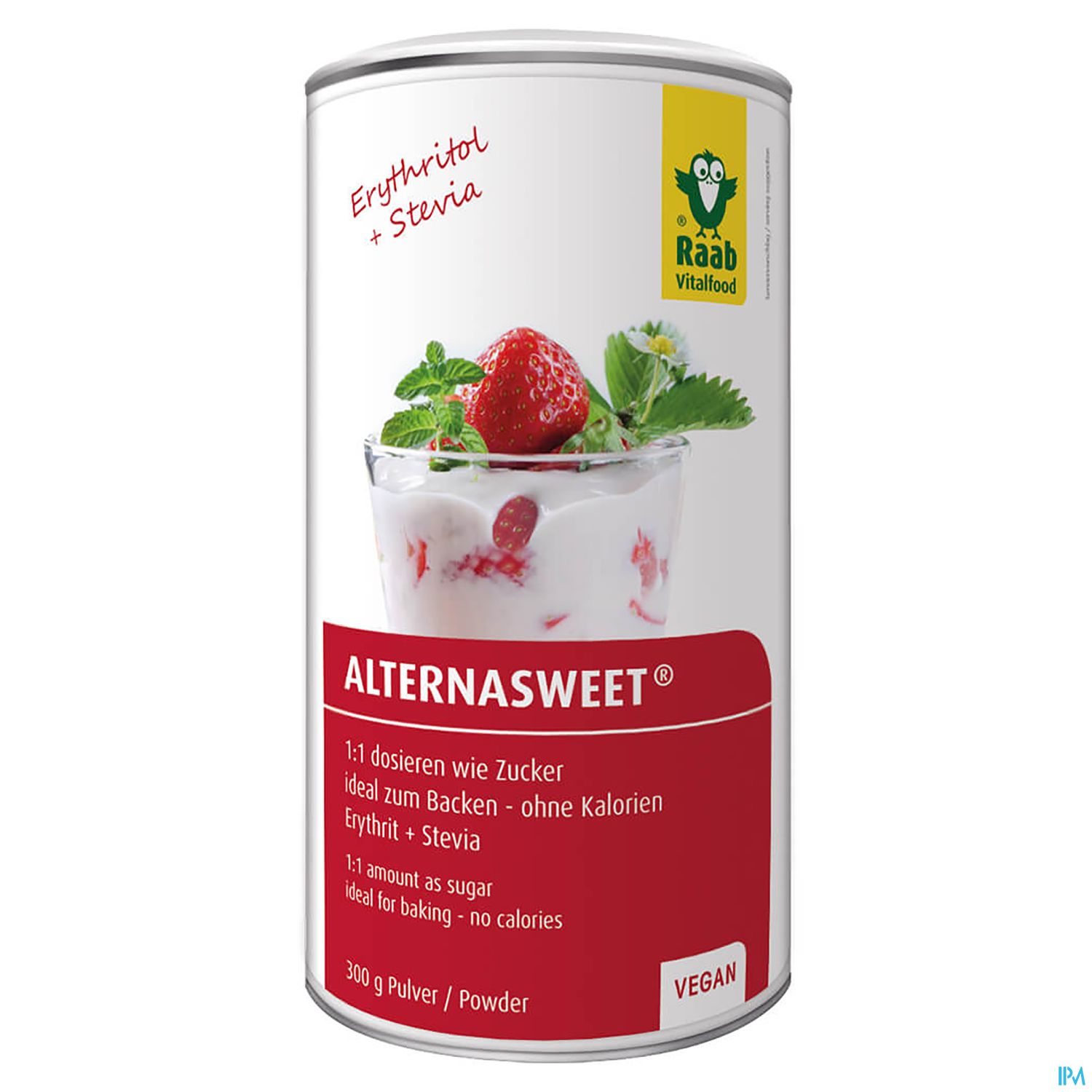 Dose von Alternasweet mit Erythrit und Stevia, 300 g, vegan, abgebildet mit einer Schüssel Dessert und Erdbeeren.