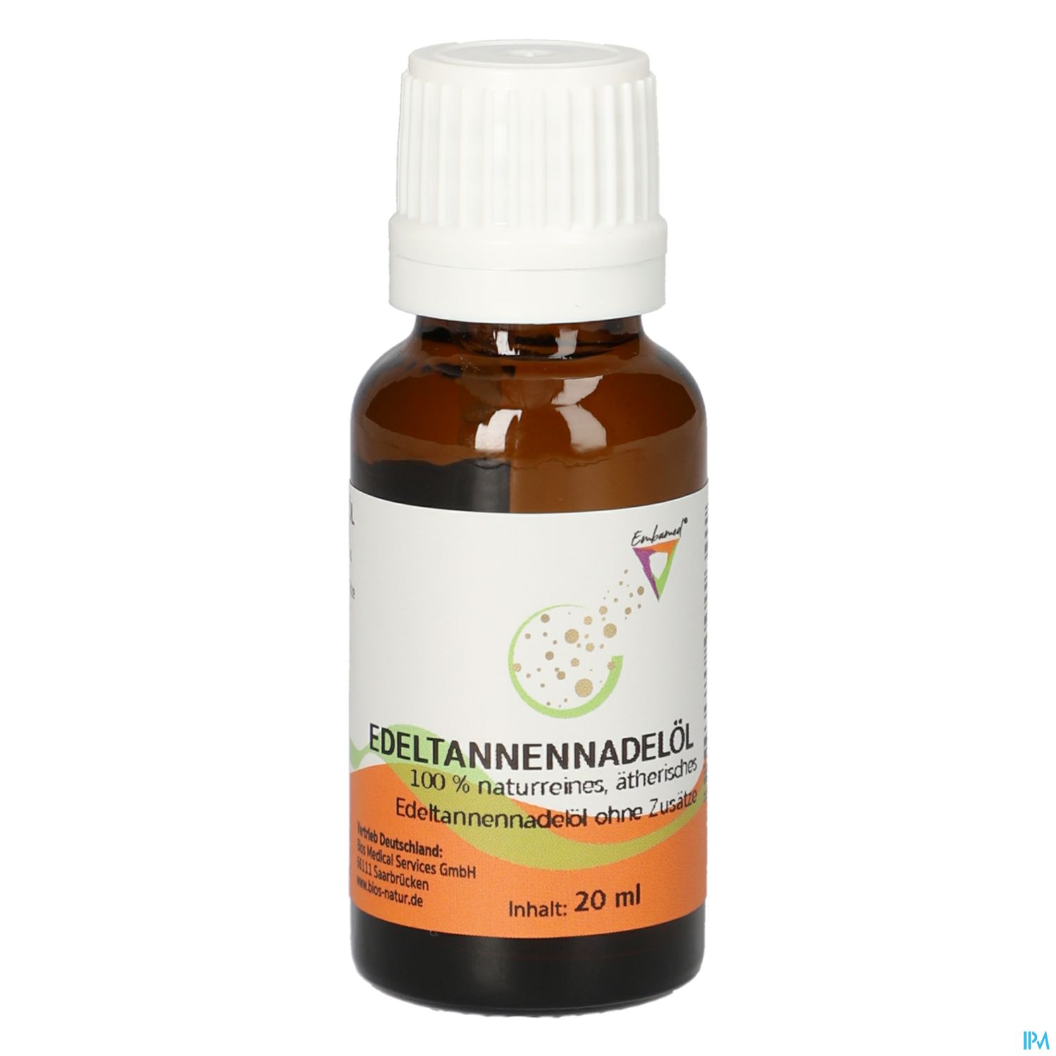 Braune Glasflasche mit weißem Schraubverschluss, beschriftet mit "Edeltannennadelöl 100 % naturreines, ätherisches" und einem orangefarbenen Aufkleber mit dem Hinweis auf 20 ml Inhalt.