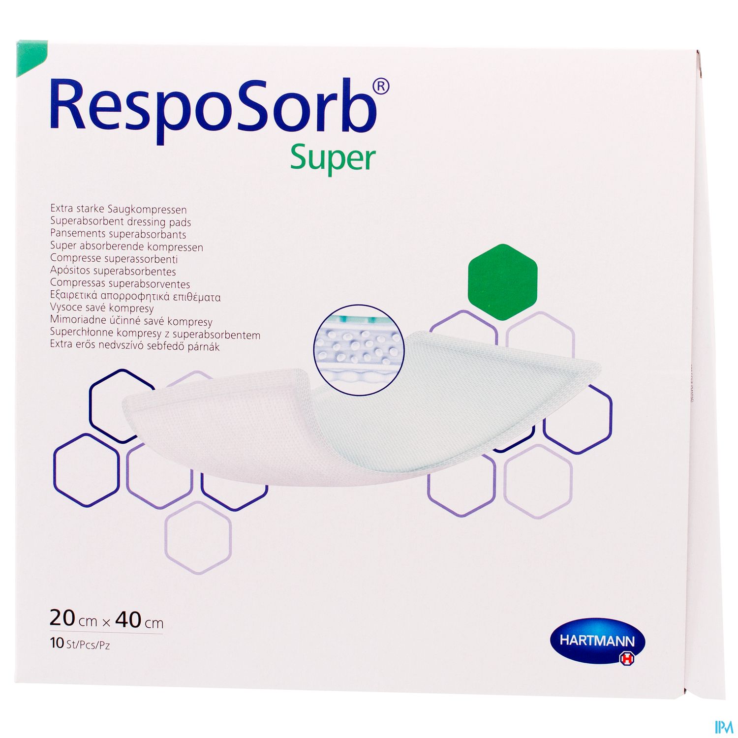 Verpackung der RespoSorb Super Saugkompressen, 20 cm x 40 cm, mit Produktbeschreibung und Logo von Hartmann.