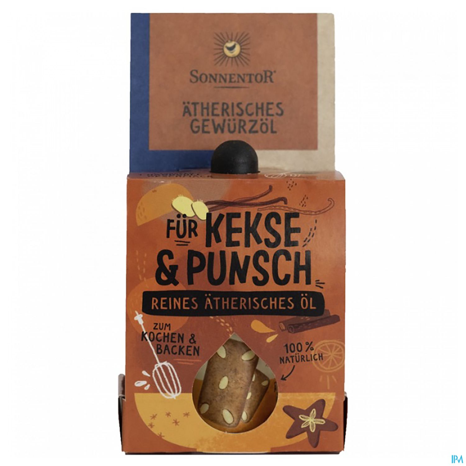 Verpackung des ätherischen Gewürzöls von Sonnentor für Kekse und Punsch, mit Beschreibungstext und Illustration von Keksen.