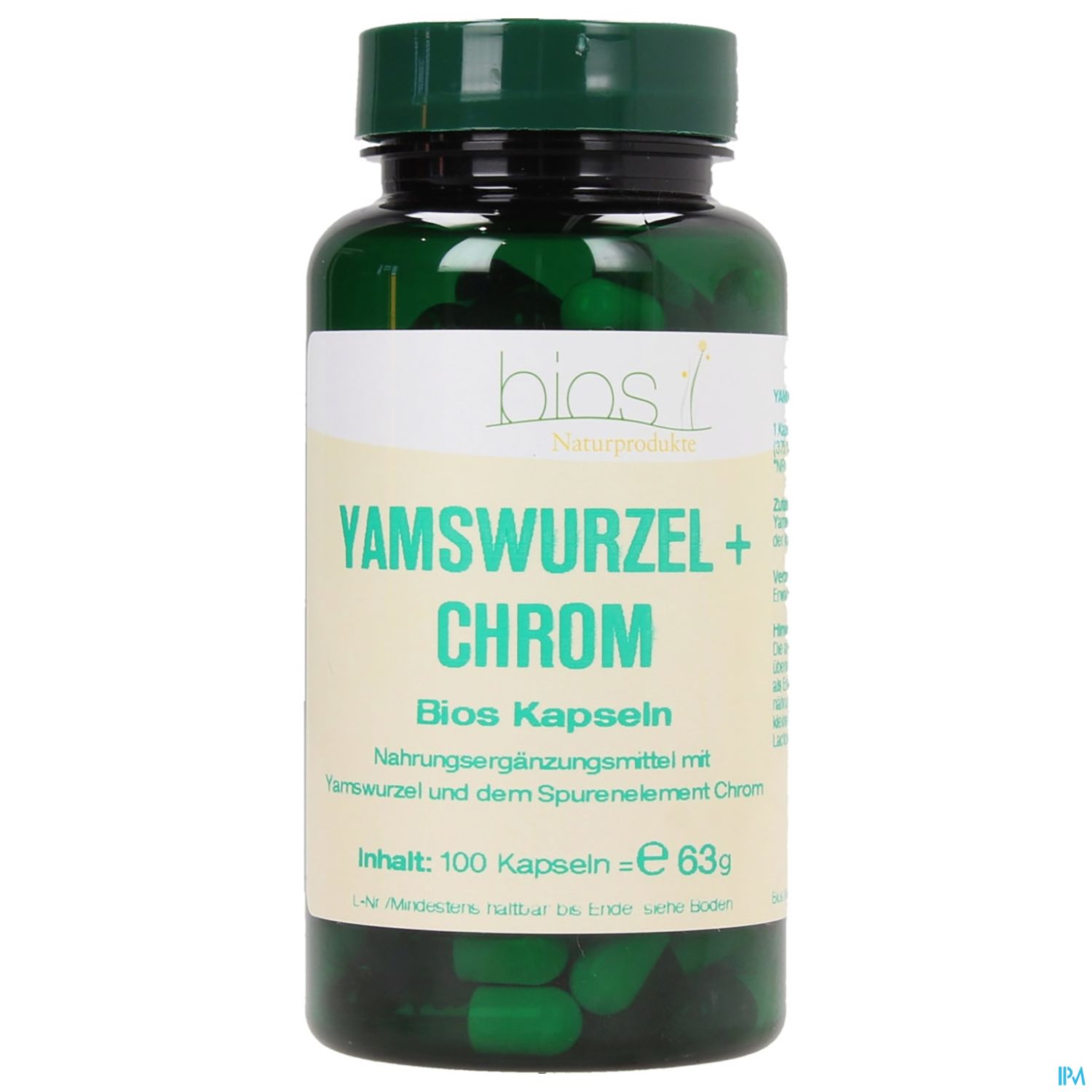 Grüner Flaschenbehälter mit Kapseln, beschriftet mit "Yamswurzel + Chrom", enthält 100 Kapseln, 63 g Inhalt.