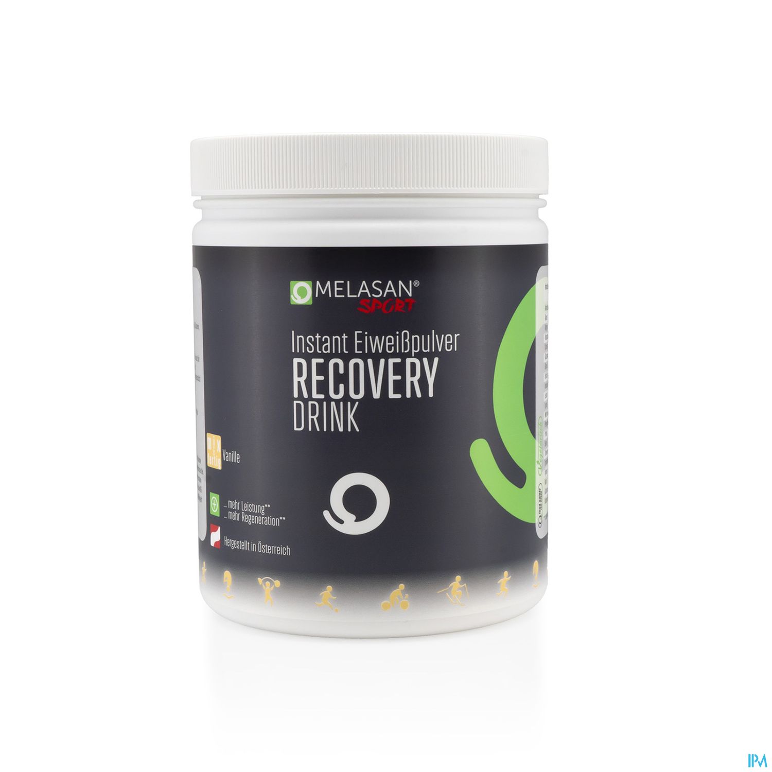 Dose mit Instant Eiweißpulver für Recovery Drink von Melasan, schwarzes Etikett mit grünem Logo.