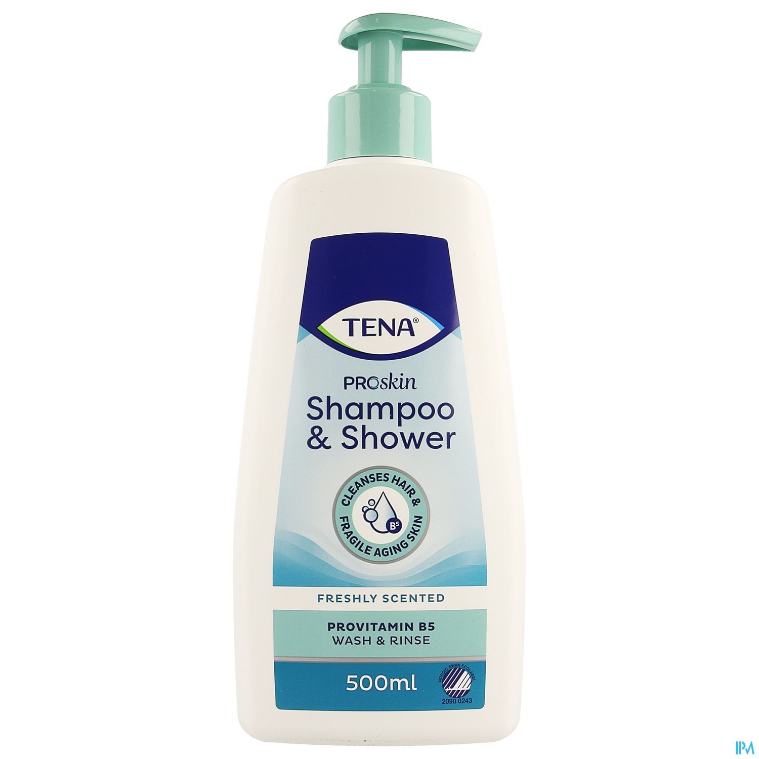 Flasche TENA Proskin Shampoo & Shower, 500 ml, mit Pumpendispenser, für sensibles Haar, frisch duftend, enthält Provitamin B5.
