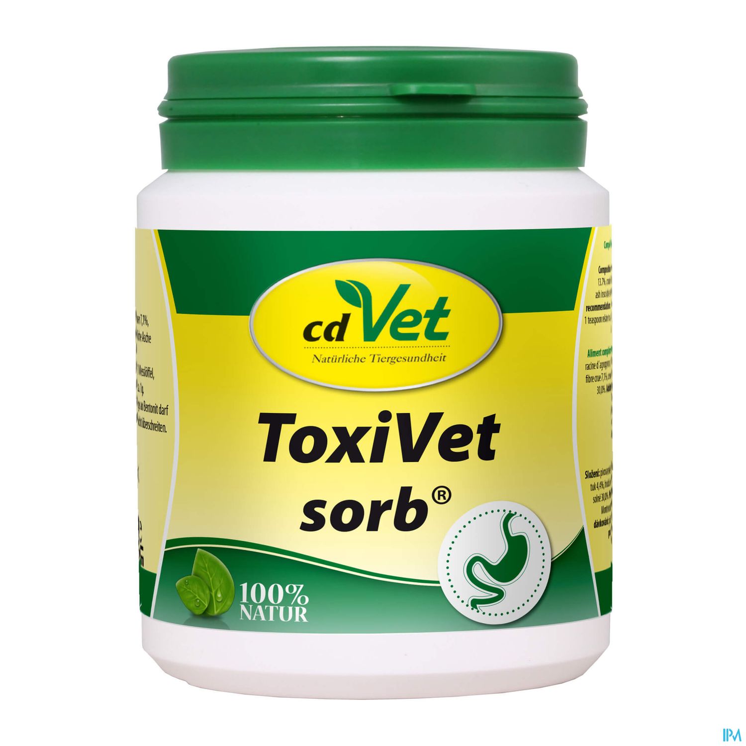 Tub mit ToxiVet sorb® von cdVet, grüne und gelbe Verpackung, mit der Aufschrift "100% NATUR".
