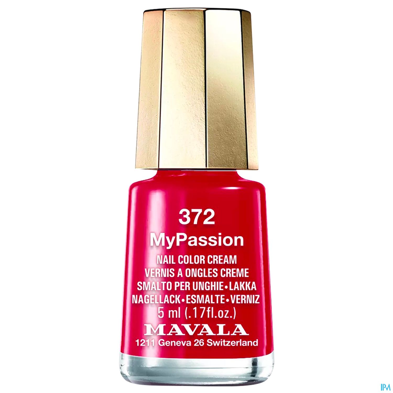 Nagellackflasche von Mavala in der Farbe My Passion, Nr. 372, mit goldfarbener Kappe und rotem Inhalt.