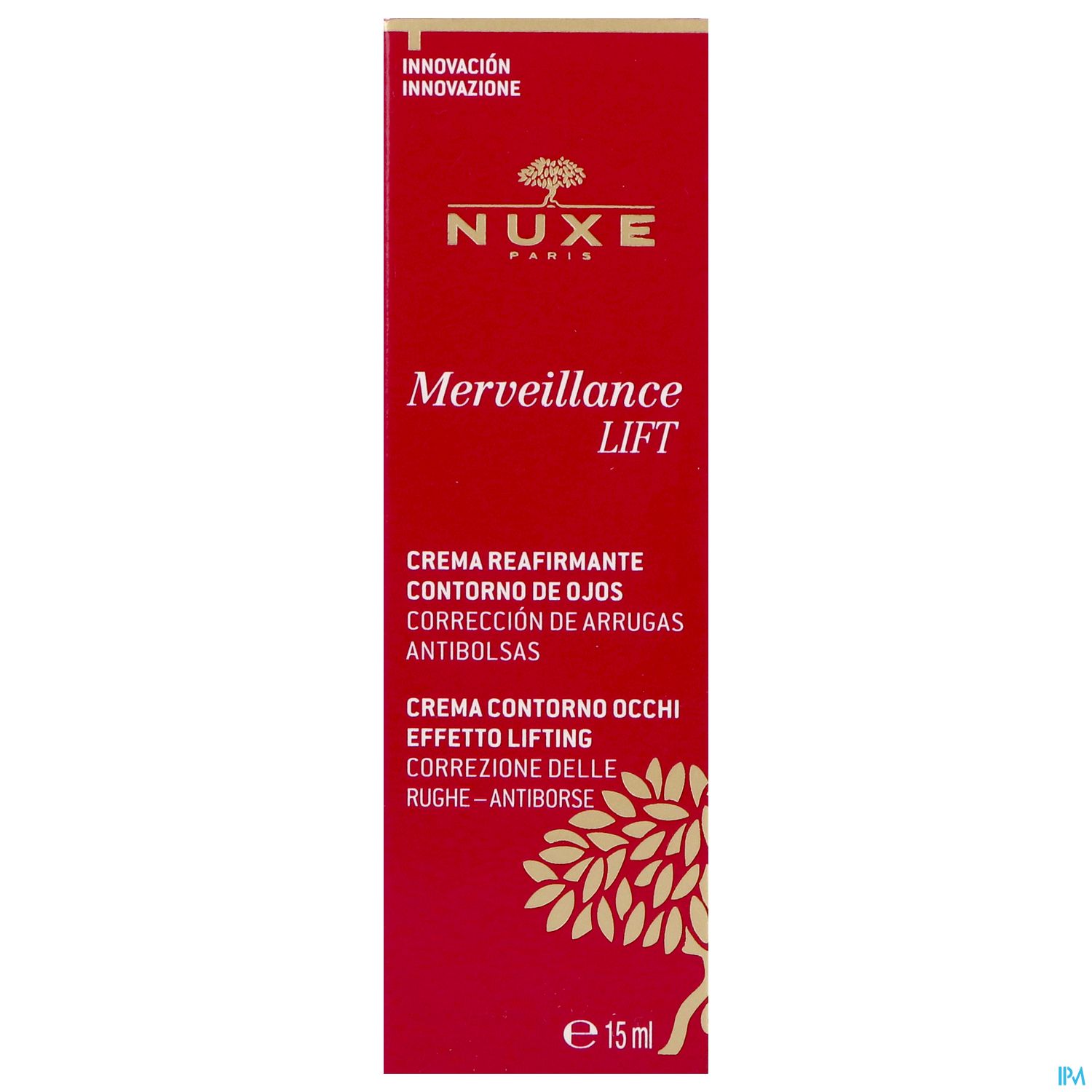 Rote Verpackung mit der Aufschrift "NUXE Merveillance LIFT" und Informationen über eine Augencreme zur Korrektur von Falten und Anti-Augenringen.