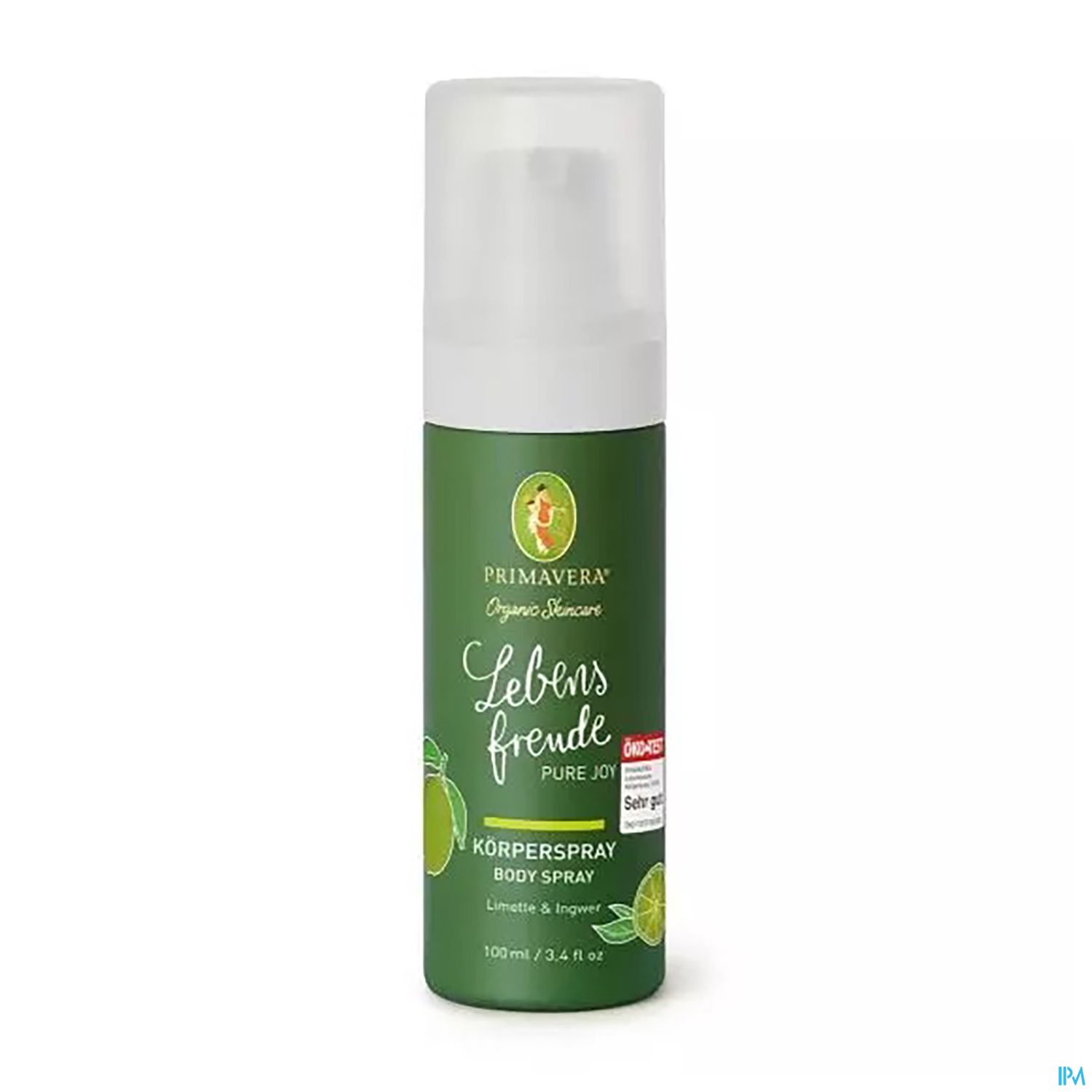 Grüner Körper spray von Primavera mit der Aufschrift "Lebensfreude Pure Joy".