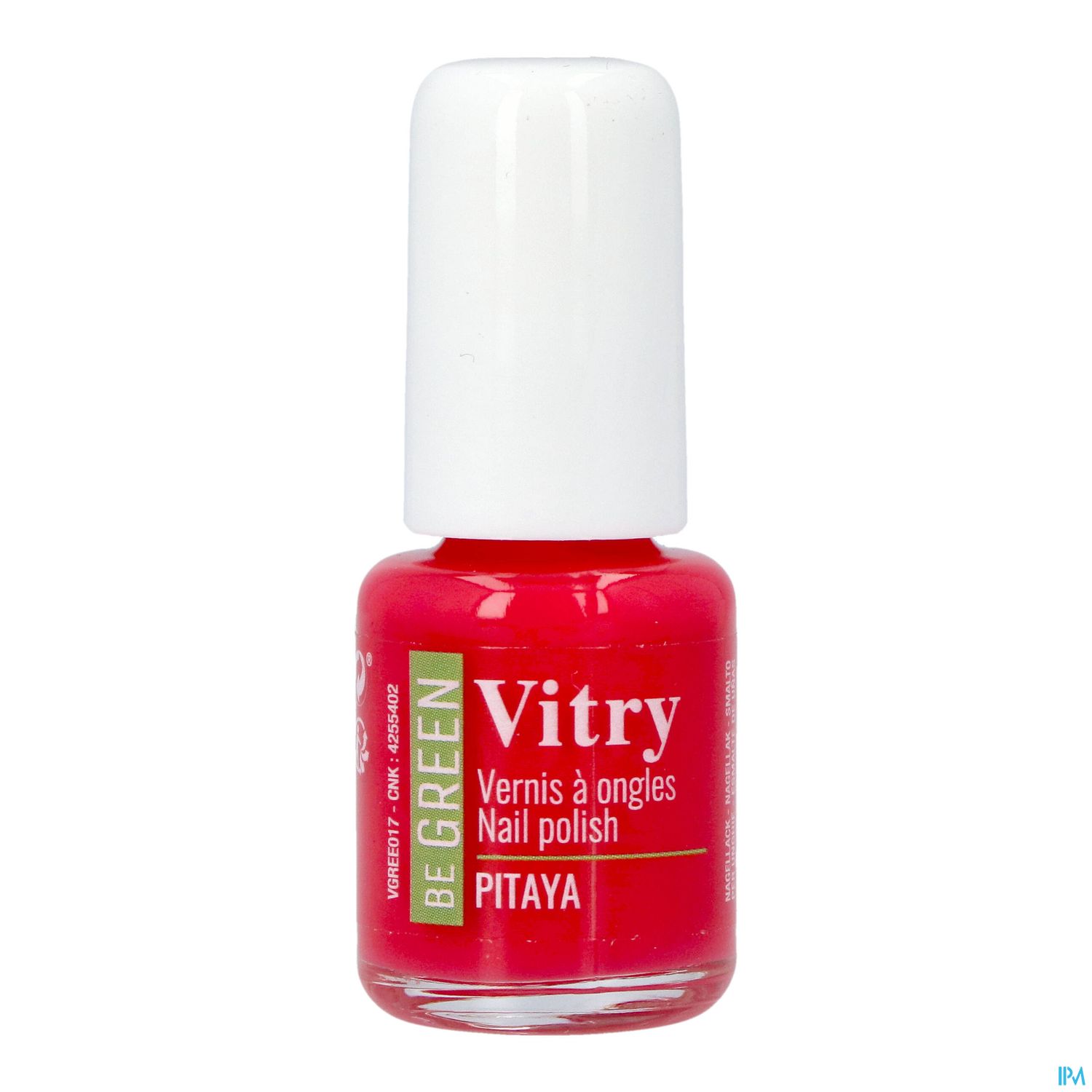 Flasche mit rotem Nagellack von Vitry, Beschriftung "Be Green" und "Vernis à ongles Pitaya".