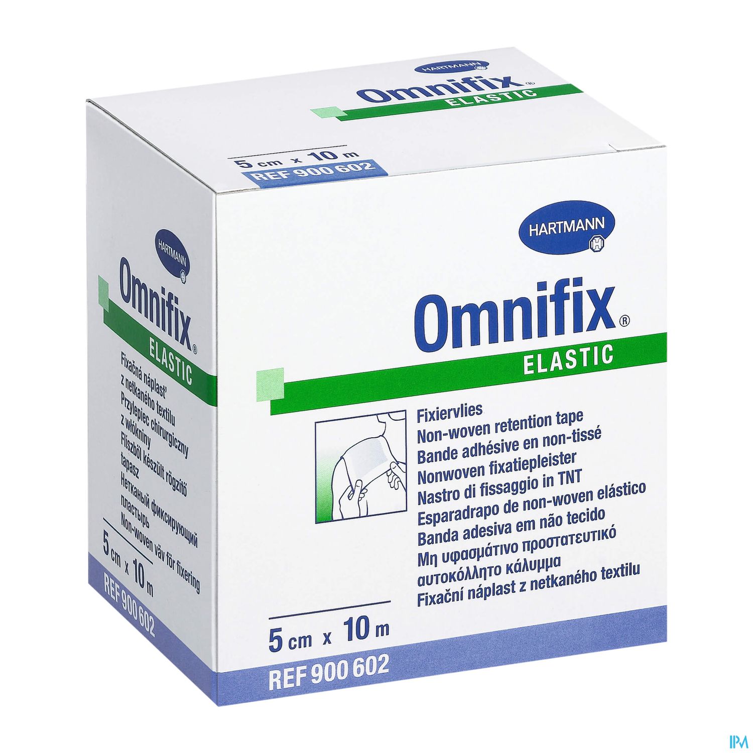 Verpackung von Omnifix Elastic, einem elastischen Fixierpflaster in der Größe 5 cm x 10 m.