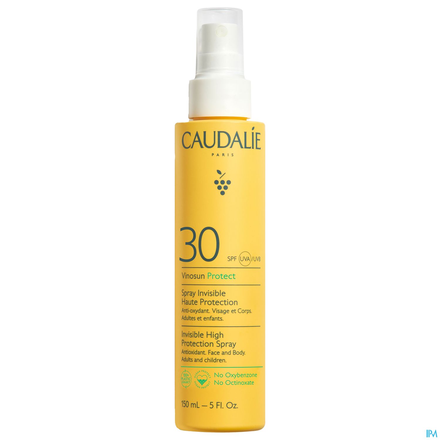 Flasche mit Sonnenschutzspray von Caudalie mit SPF 30, gelber Verpackung.