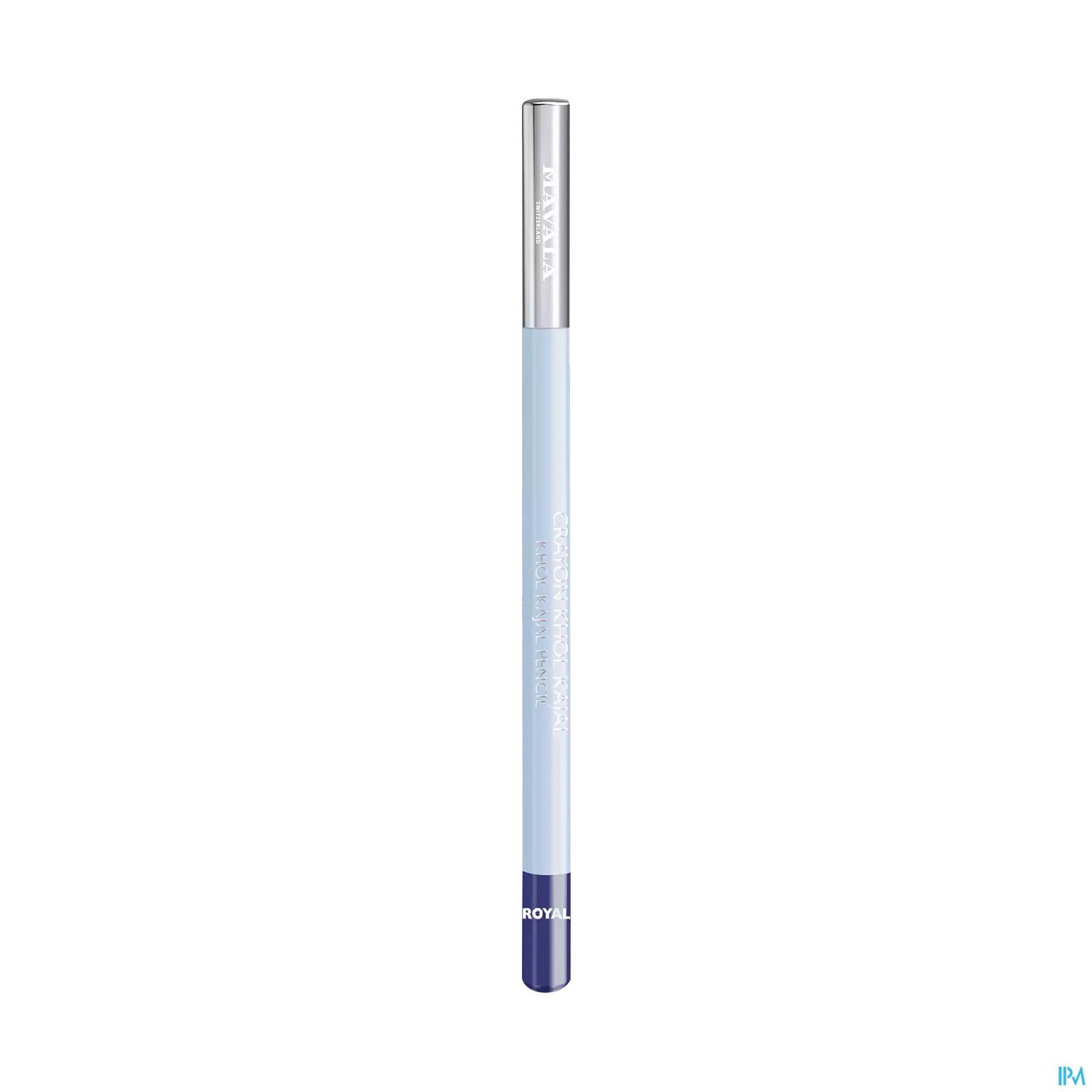 Ein blauer kosmetischer Stift mit silberner Kappe und weißem Schriftzug.