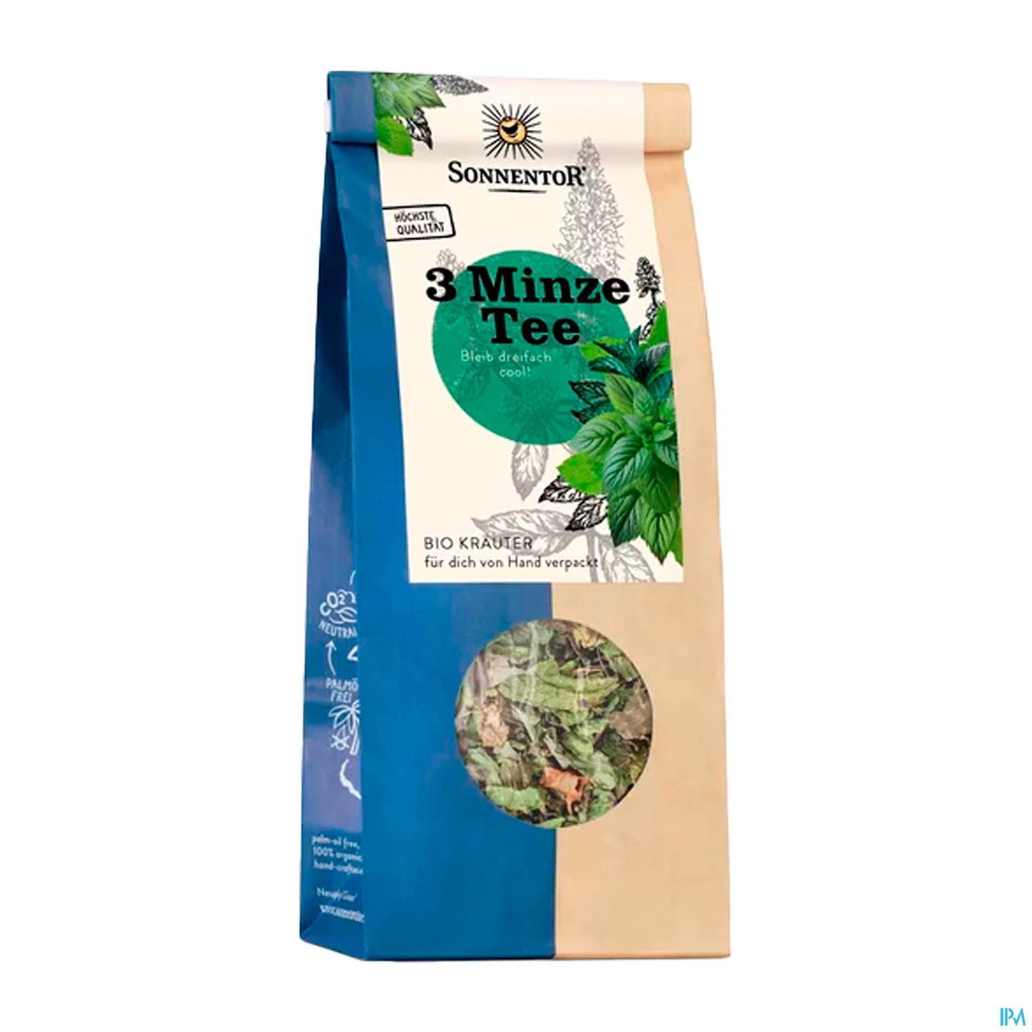 Verpackung von Sonnentor 3 Minze Tee in einem braunen und blauen Beutel mit Kräuterabbildungen und der Aufschrift "BIO KRÄUTER für dich von Hand verpackt".