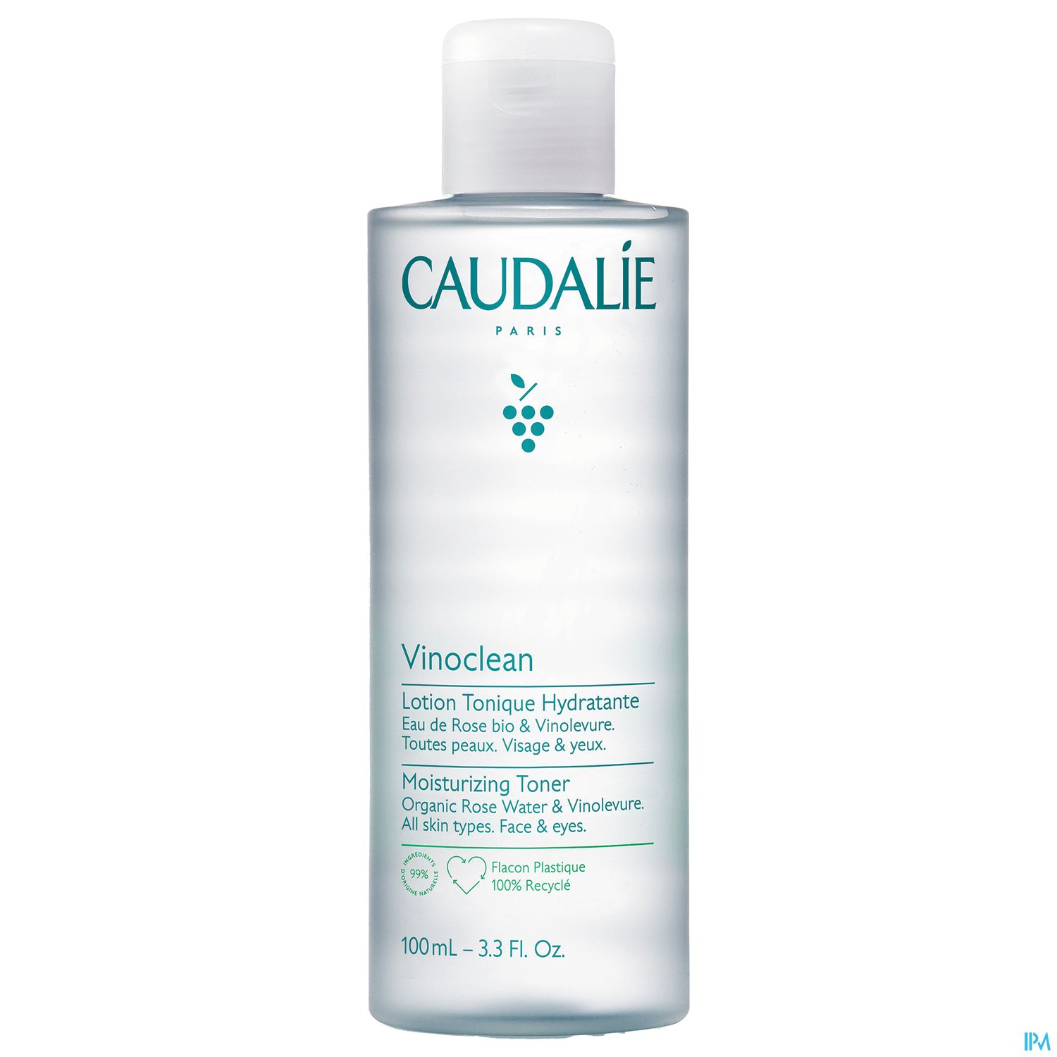 Flasche mit Caudalie Vinoclean Lotion Tonic Hydratante, 100 ml, mit grüner Traube und rosafarbener Verpackung.