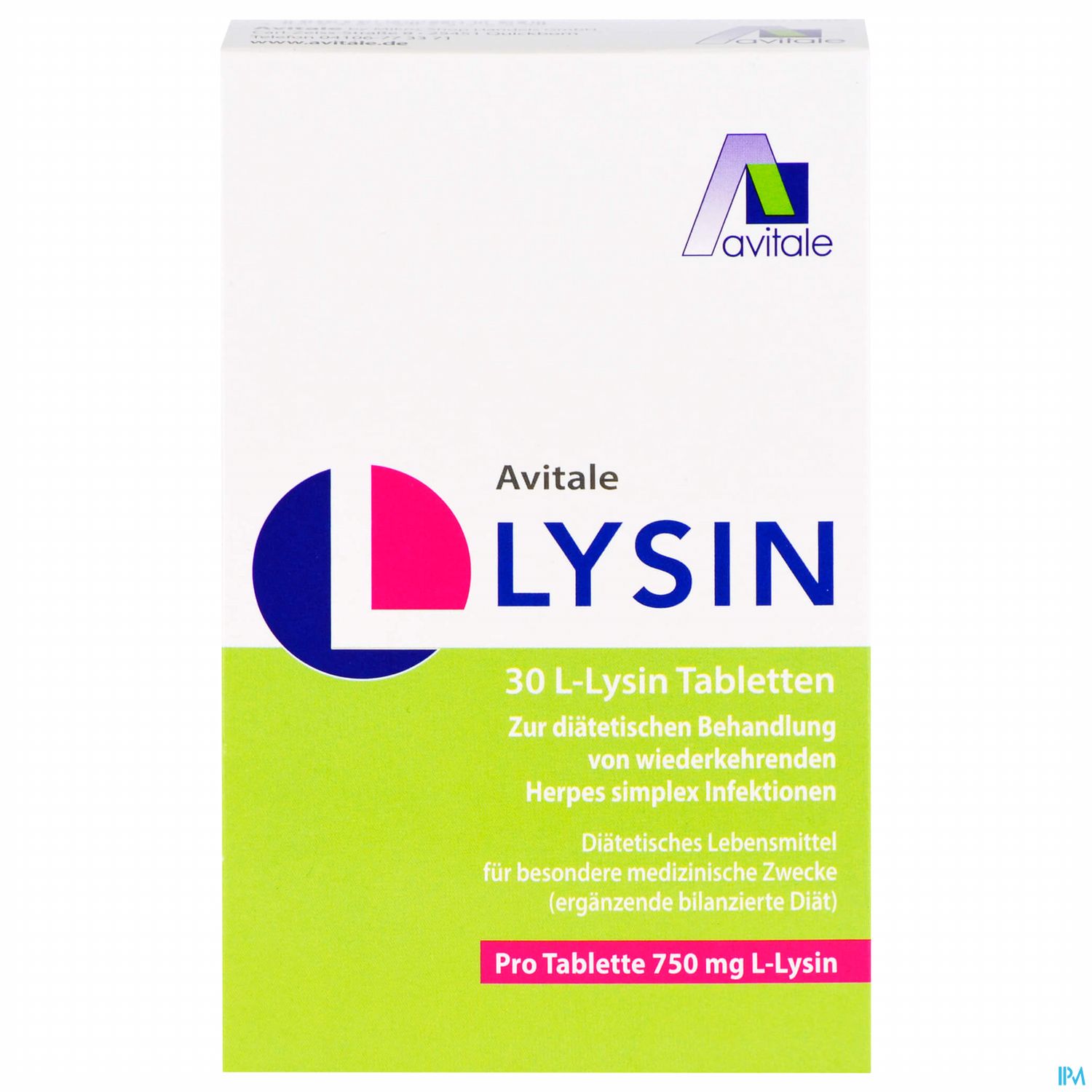 Verpackung von Avitale L-Lysin, 30 Tabletten zur diätetischen Behandlung von Herpes simplex Infektionen, mit Angabe von 750 mg L-Lysin pro Tablette.