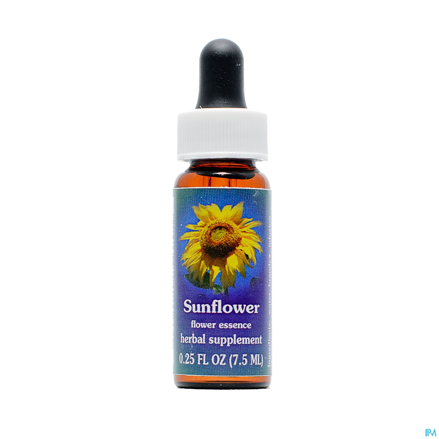 Eine Flasche mit Blütenessenz namens "Sunflower" (Sonnenblume) in einer transparenten Flasche mit Spritze und einem Bild einer Sonnenblume auf dem Etikett.