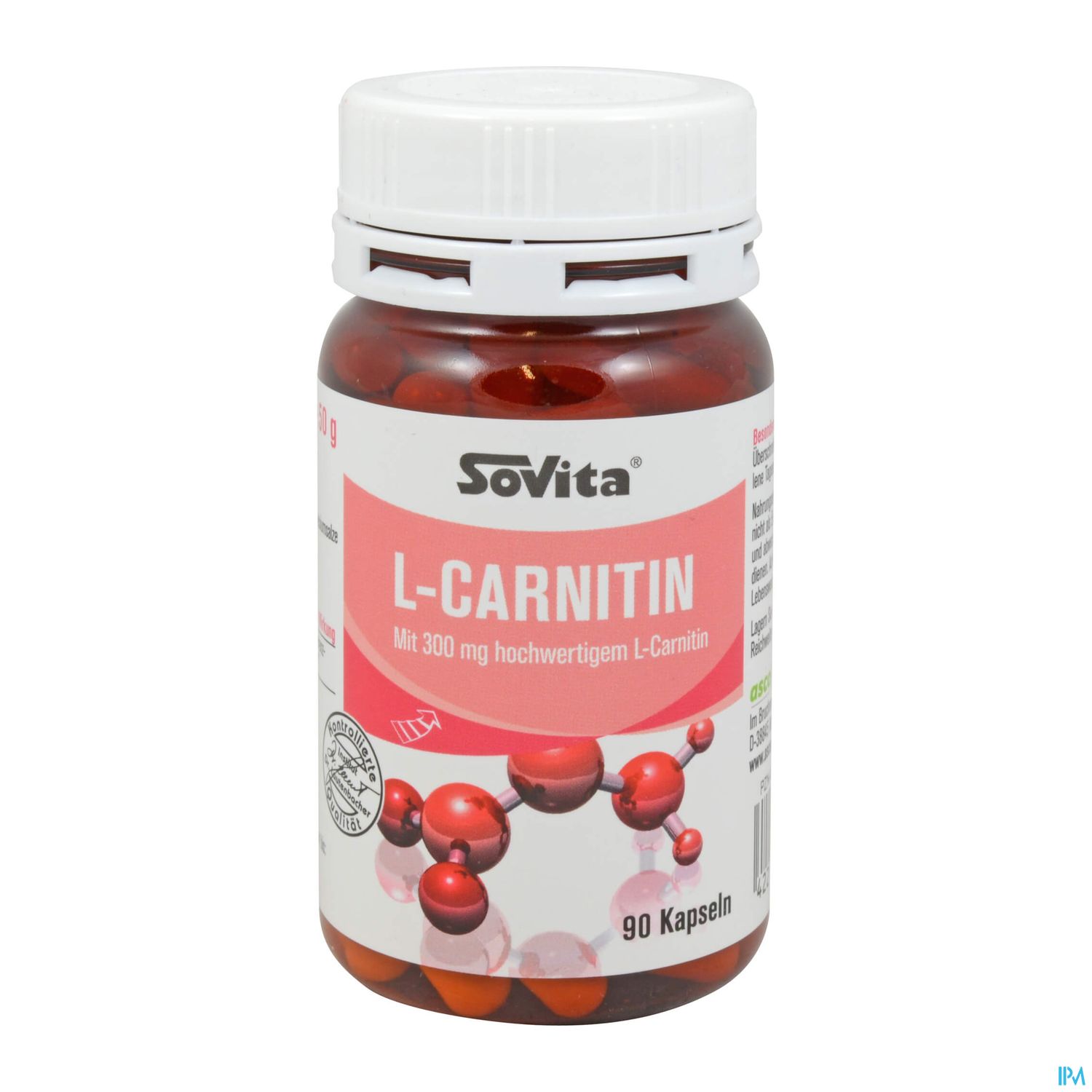 Braunglasflasche mit weißem Deckel, beschriftet mit "L-Carnitin", enthält 90 Kapseln à 300 mg L-Carnitin.